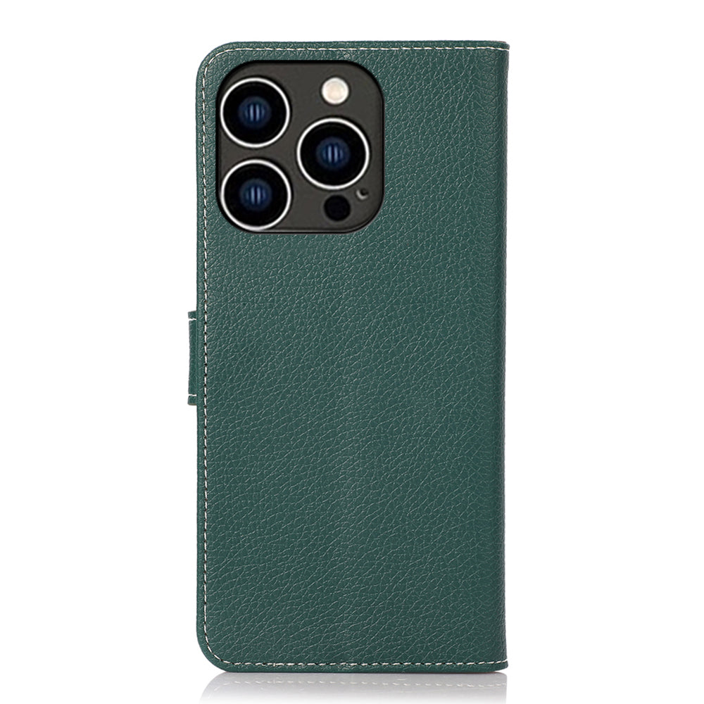 For iPhone 16 Pro Max Stand Case Litchi Texture Leather Phone Cover with Wallet - Blackish Green