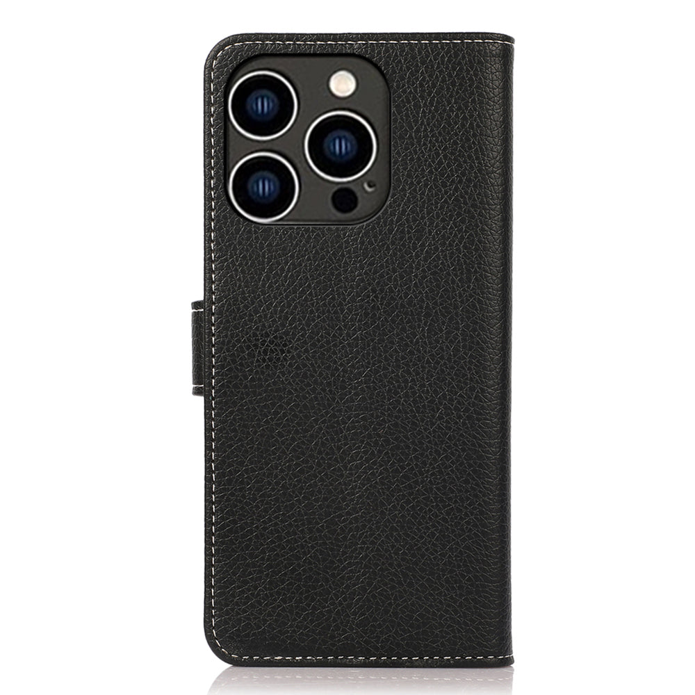For iPhone 16 Pro Case Stand Litchi Texture Leather Phone Cover - Black