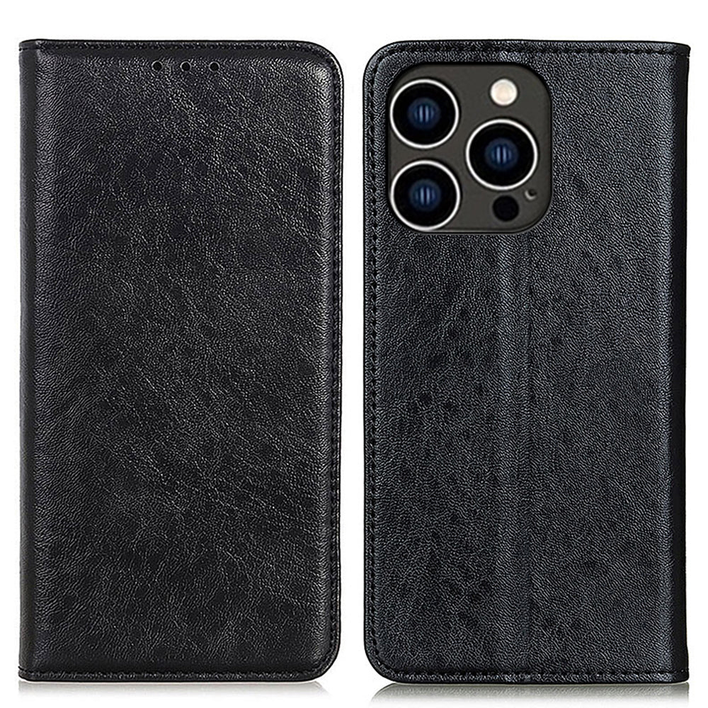 For iPhone 16 Pro Max Case Crazy Horse Texture Leather Magnetic Closure Phone Cover - Black