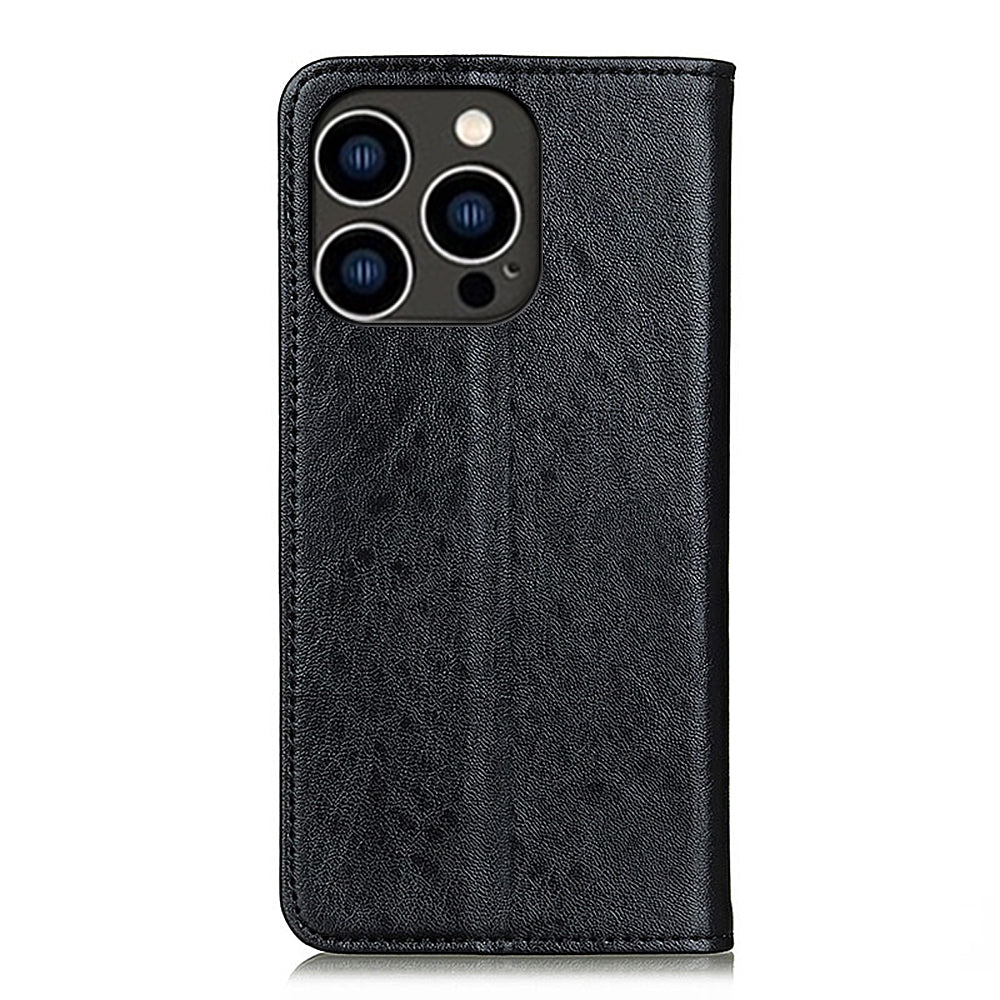 For iPhone 16 Pro Max Case Crazy Horse Texture Leather Magnetic Closure Phone Cover - Black