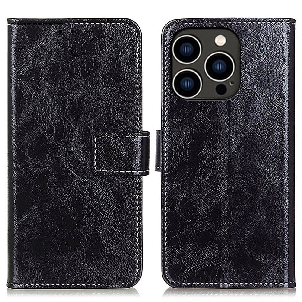 For iPhone 16 Pro Max Case Wallet Leather Phone Cover Retro Crazy Horse Texture - Black