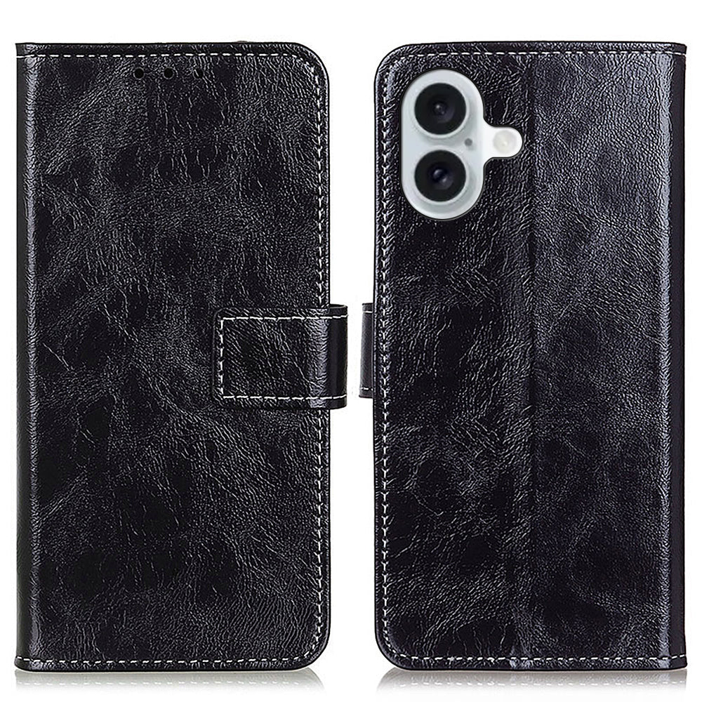 For iPhone 16 Case Retro Crazy Horse Texture Leather Purse Stand Phone Cover - Black