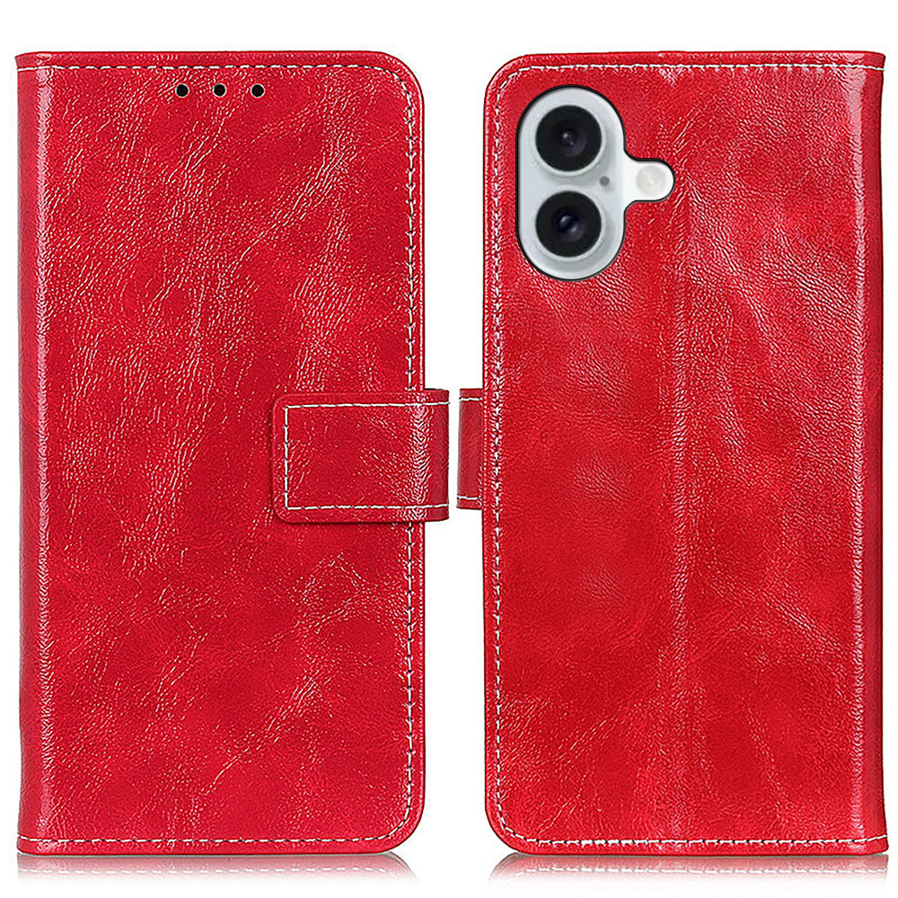 For iPhone 16 Case Retro Crazy Horse Texture Leather Purse Stand Phone Cover - Red