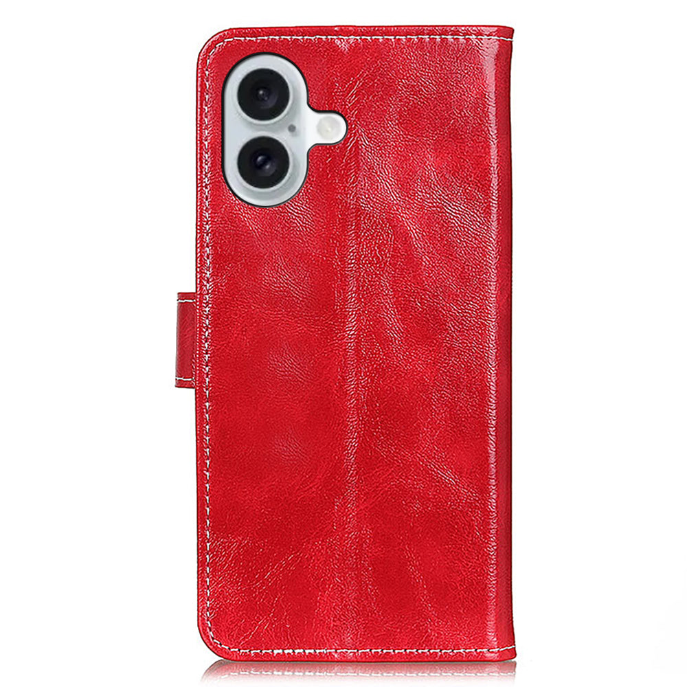 For iPhone 16 Case Retro Crazy Horse Texture Leather Purse Stand Phone Cover - Red