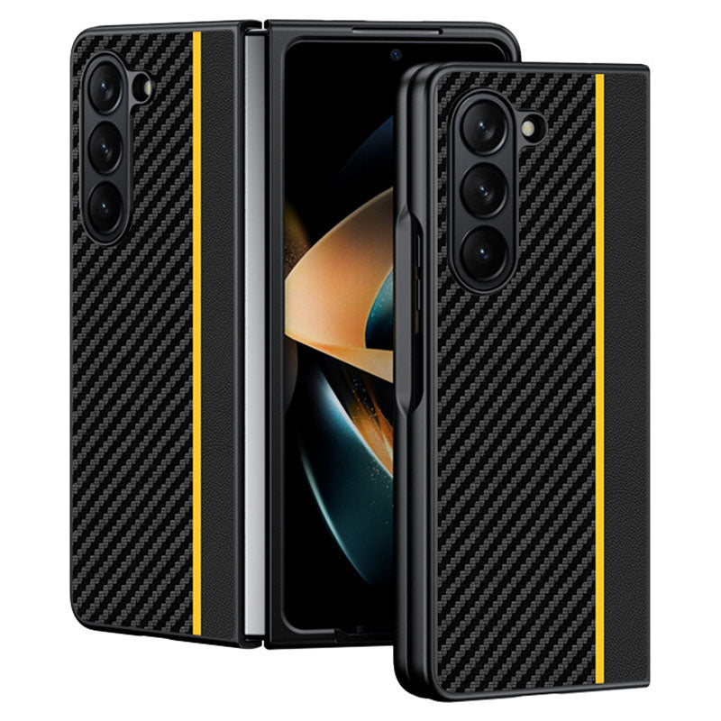 For Samsung Galaxy Z Fold6 5G Case Carbon Fiber Texture PU + PC Phone Cover - Splicing Yellow