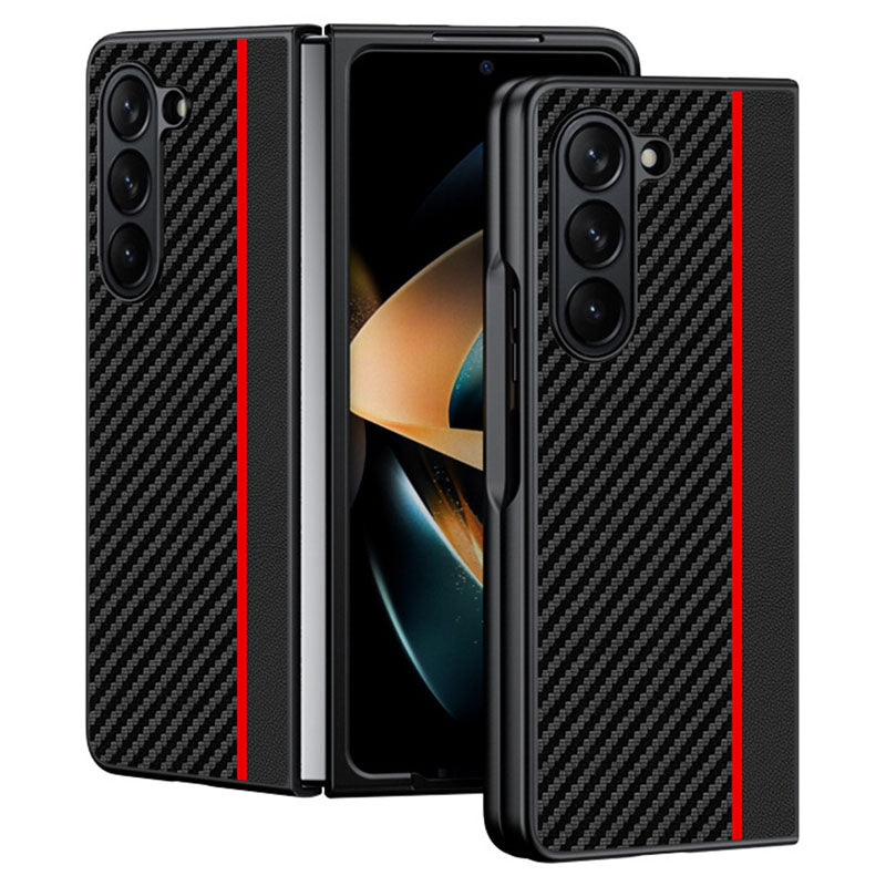 For Samsung Galaxy Z Fold6 5G Case Carbon Fiber Texture PU + PC Phone Cover - Splicing Red