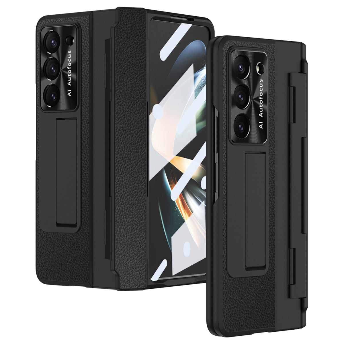 For Samsung Galaxy Z Fold6 5G Case Leather+PC Kickstand Phone Cover with Tempered Glass Film - Black