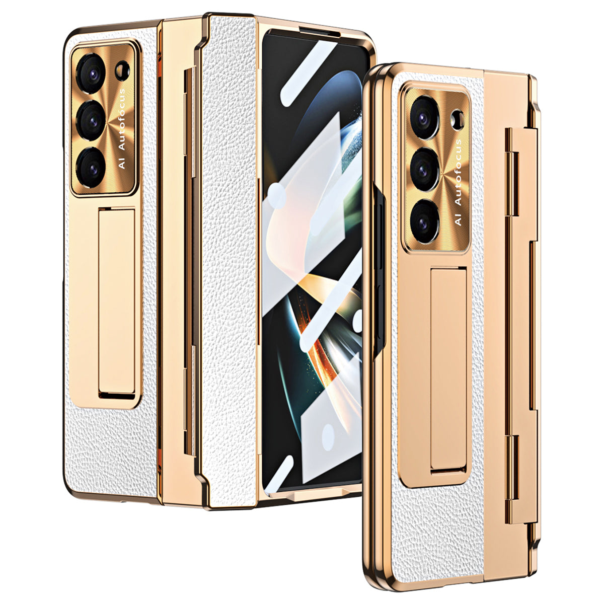 For Samsung Galaxy Z Fold6 5G Case Leather+PC Kickstand Phone Cover with Tempered Glass Film - Gold+White