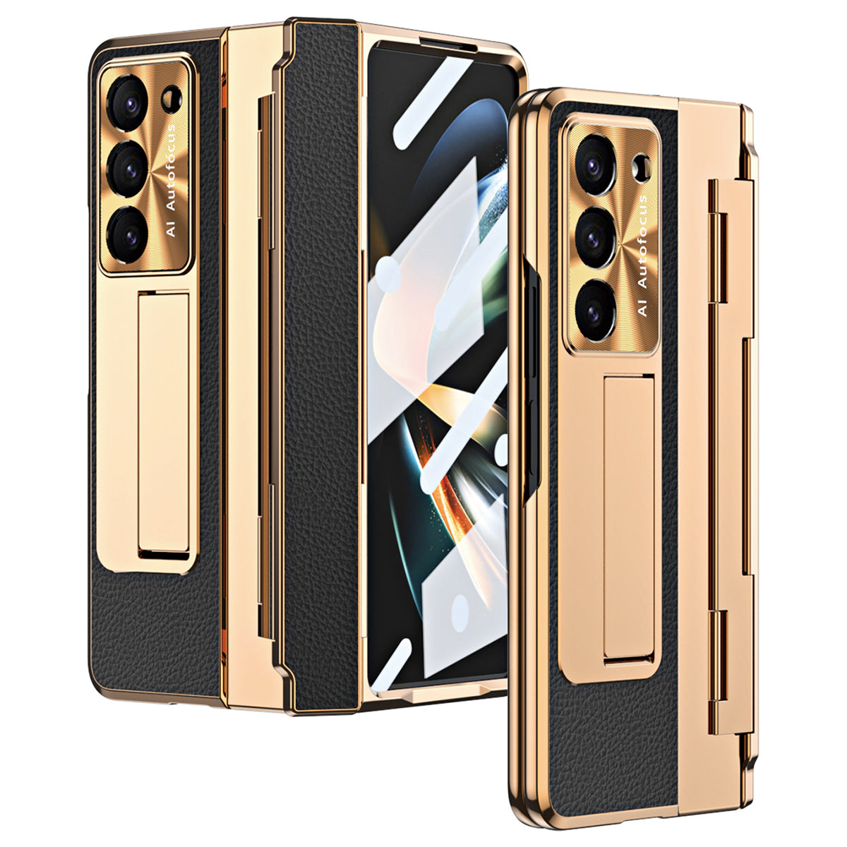 For Samsung Galaxy Z Fold6 5G Case Leather+PC Kickstand Phone Cover with Tempered Glass Film - Gold+Black