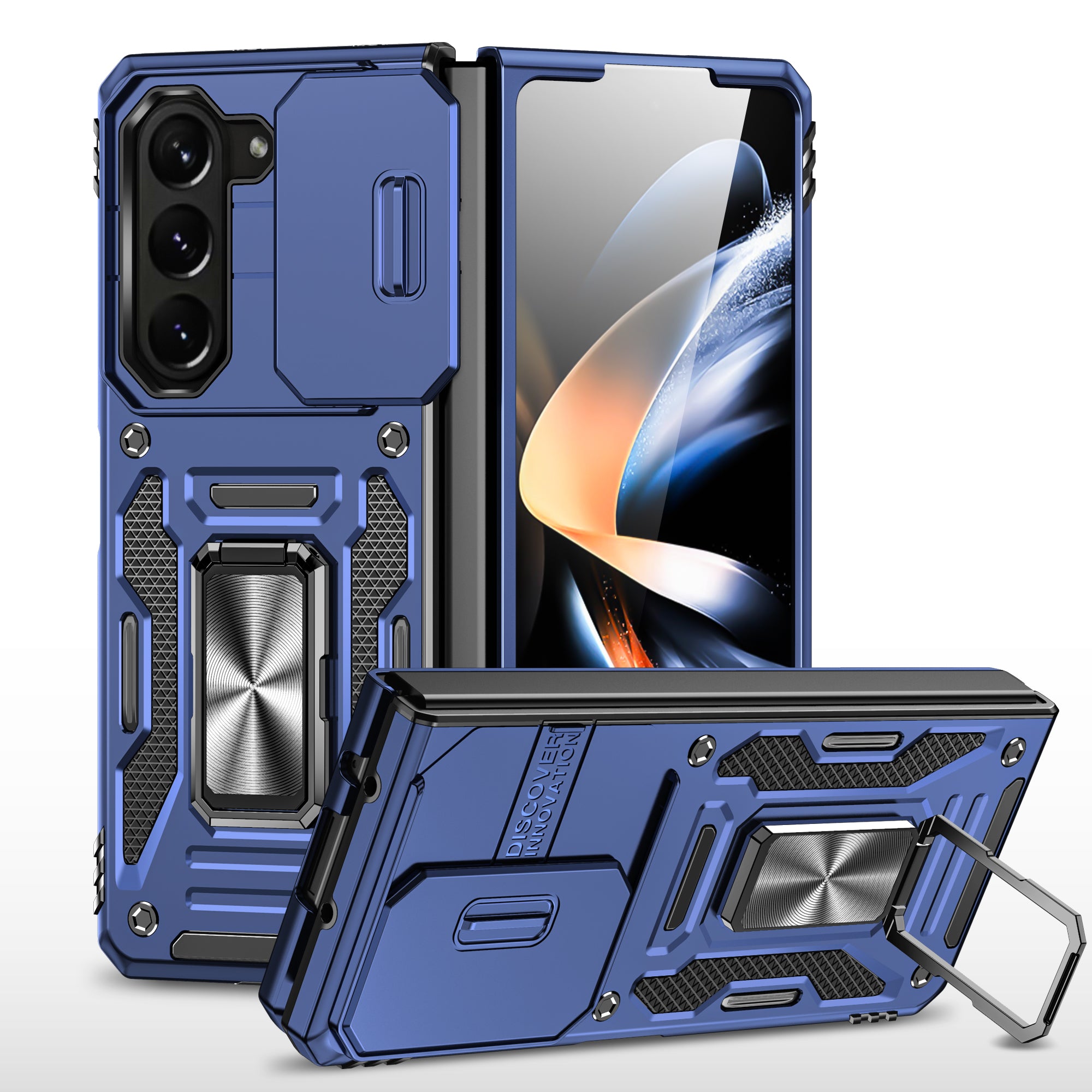 Armor Series For Samsung Galaxy Z Fold6 5G Kickstand Case Slide Lens Cover PC+TPU Phone Shell - Navy Blue