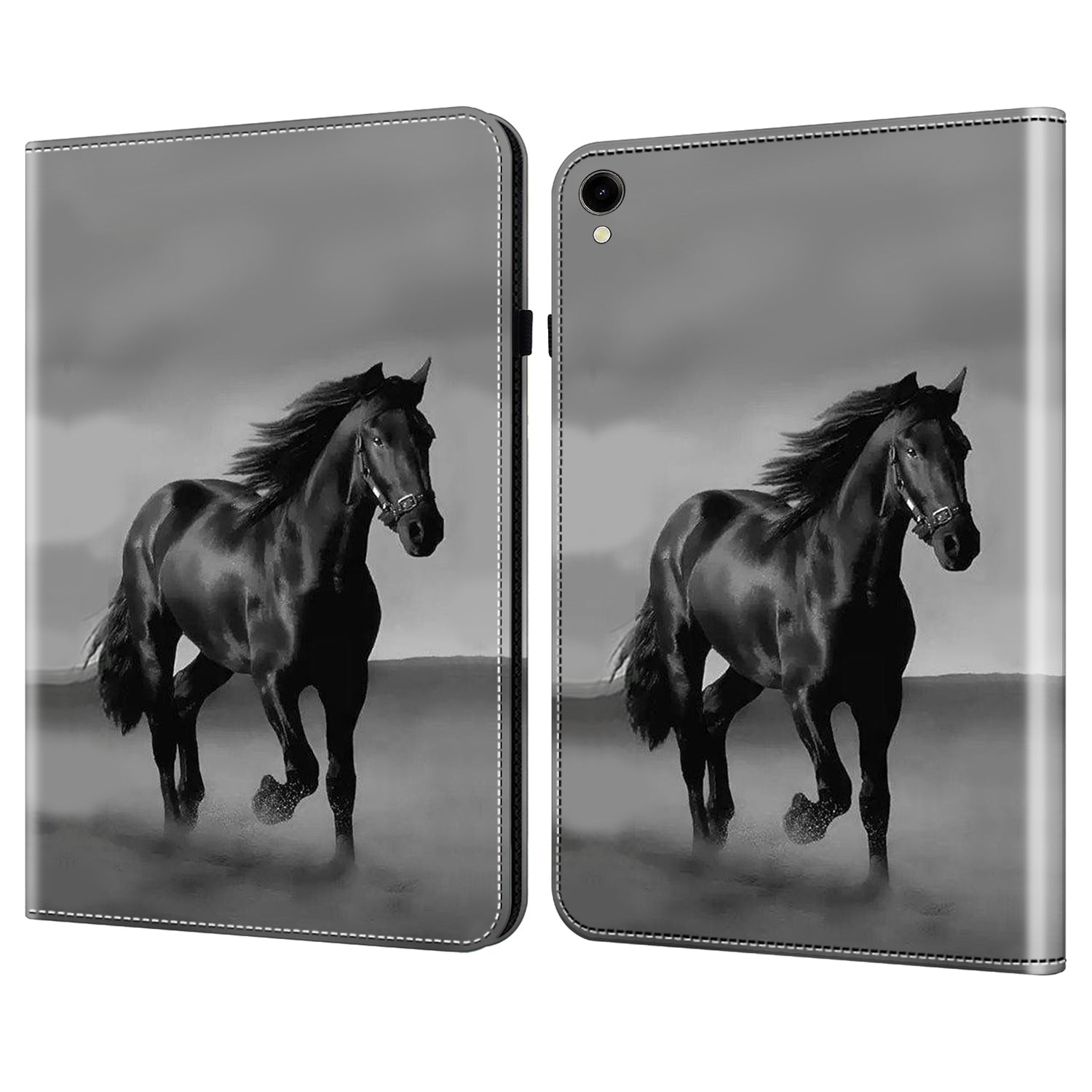 For Samsung Galaxy Tab S10 / S9 / Tab S9 FE Case Folio Stand PU Leather Pattern Tablet Cover - Black Horse