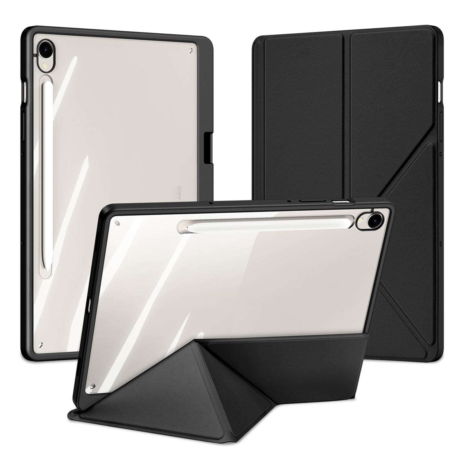 DUX DUCIS Magi Series for Samsung Galaxy Tab S9 / S9 FE Case Origami Stand Leather+PC+TPU Clear Back Cover - Black