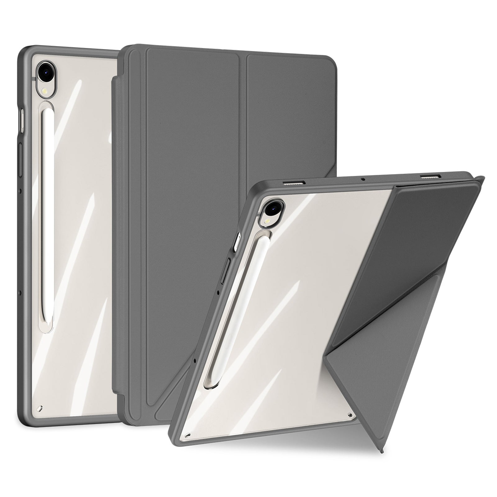 DUX DUCIS Magi Series for Samsung Galaxy Tab S9 / S9 FE Case Origami Stand Leather+PC+TPU Clear Back Cover - Grey