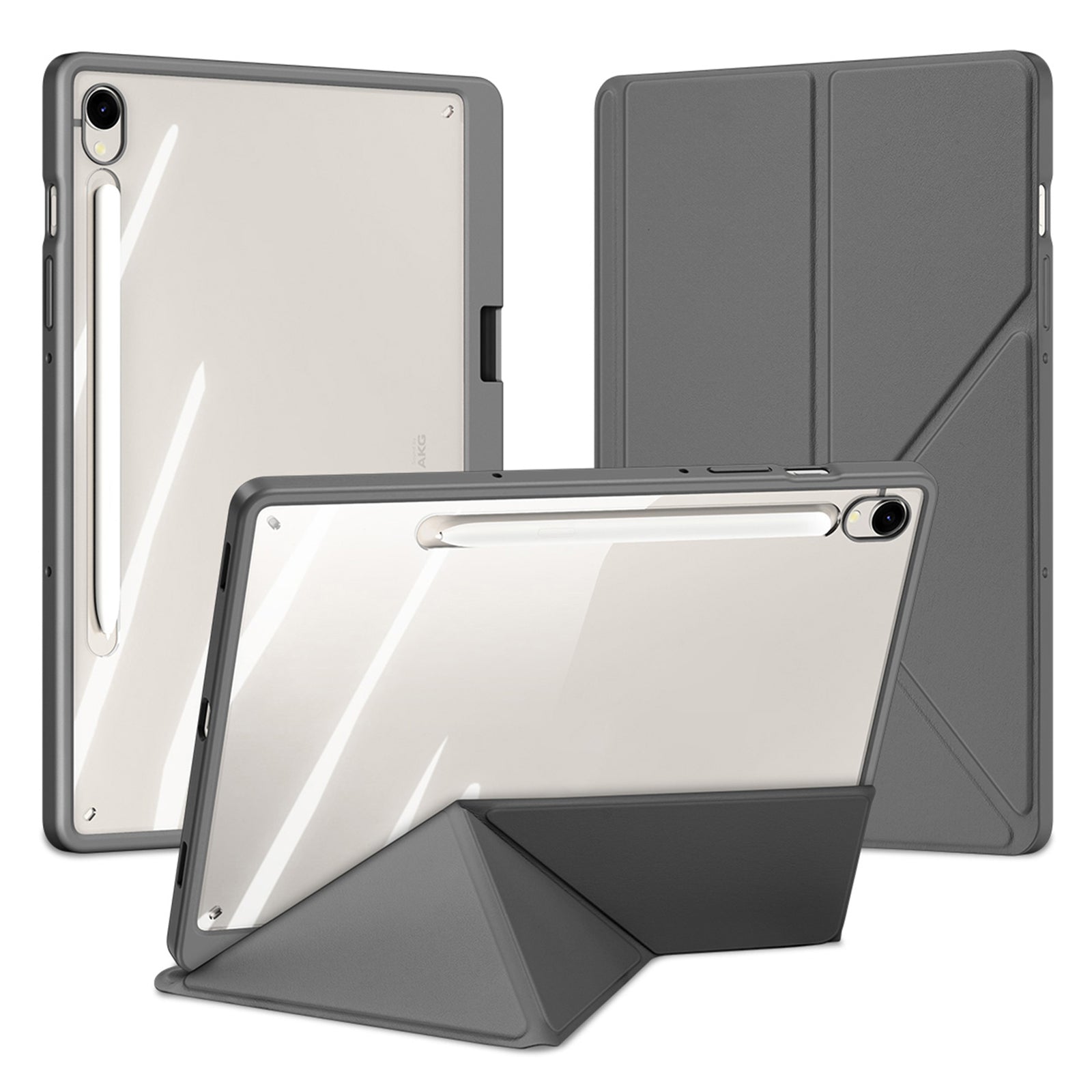 DUX DUCIS Magi Series for Samsung Galaxy Tab S9 / S9 FE Case Origami Stand Leather+PC+TPU Clear Back Cover - Grey