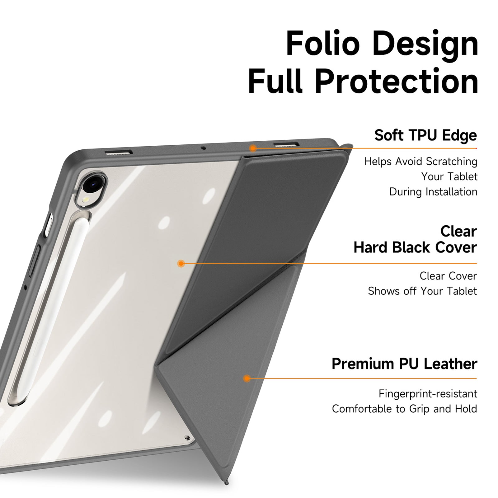 DUX DUCIS Magi Series for Samsung Galaxy Tab S9 / S9 FE Case Origami Stand Leather+PC+TPU Clear Back Cover - Grey