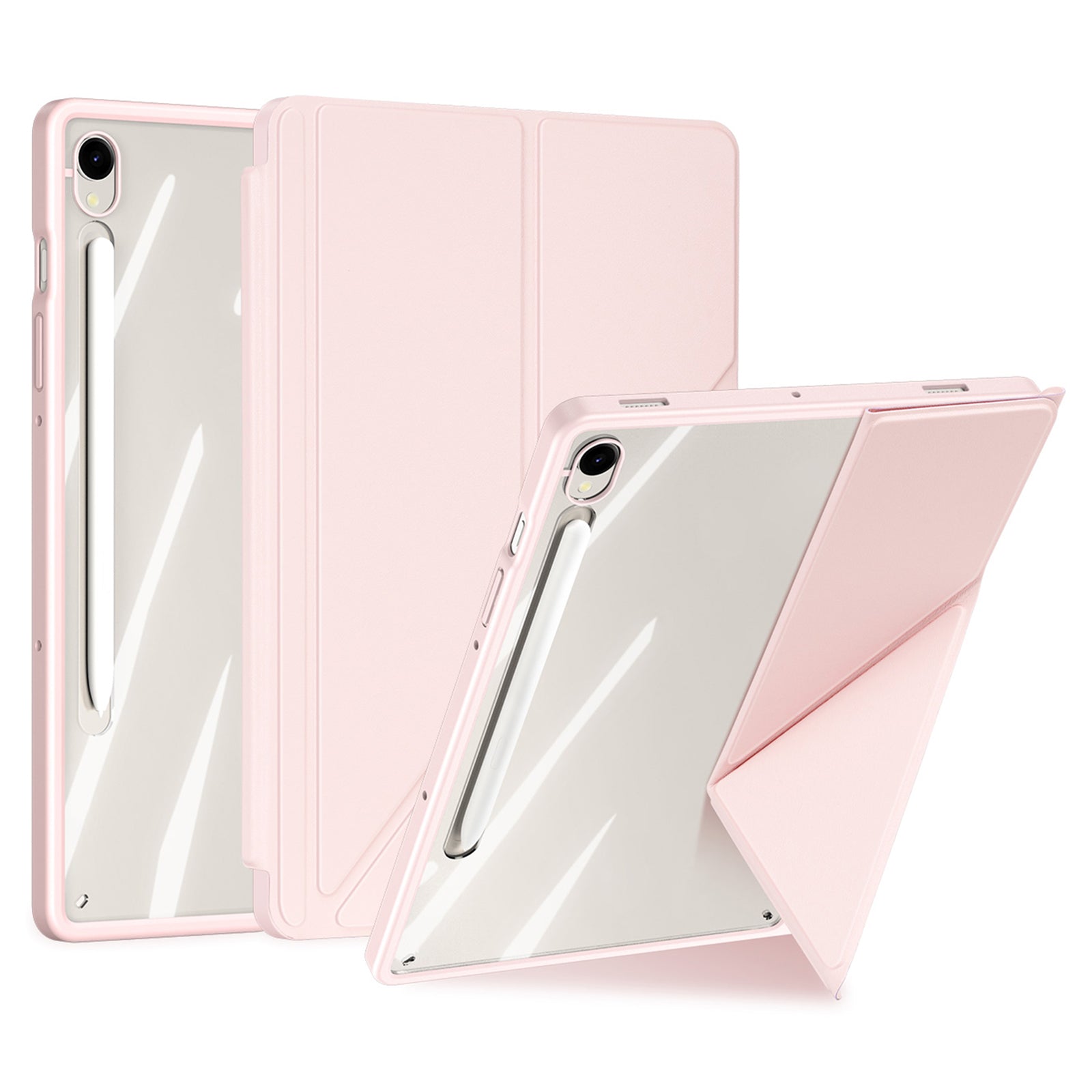 DUX DUCIS Magi Series for Samsung Galaxy Tab S9 / S9 FE Case Origami Stand Leather+PC+TPU Clear Back Cover - Pink