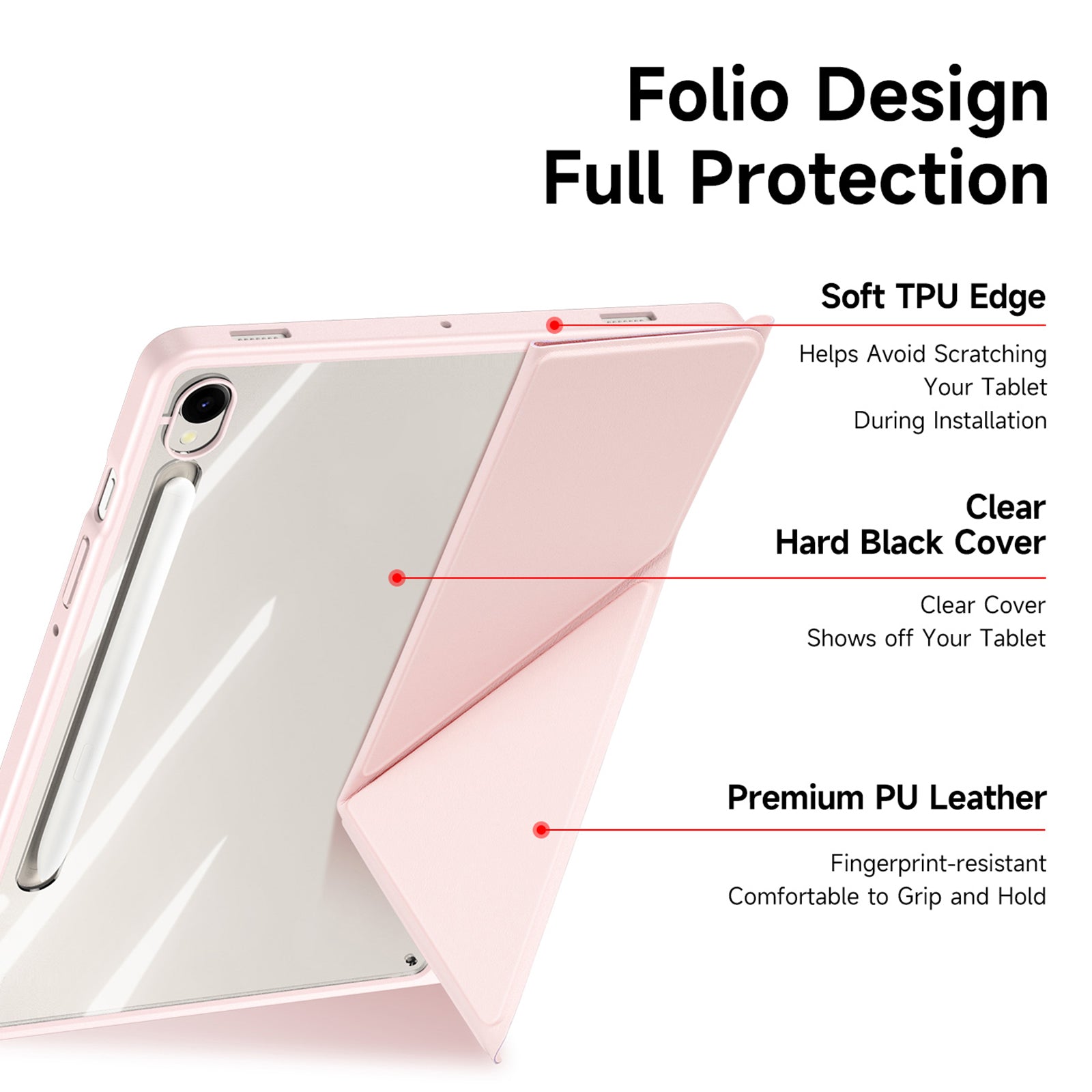 DUX DUCIS Magi Series for Samsung Galaxy Tab S9 / S9 FE Case Origami Stand Leather+PC+TPU Clear Back Cover - Pink