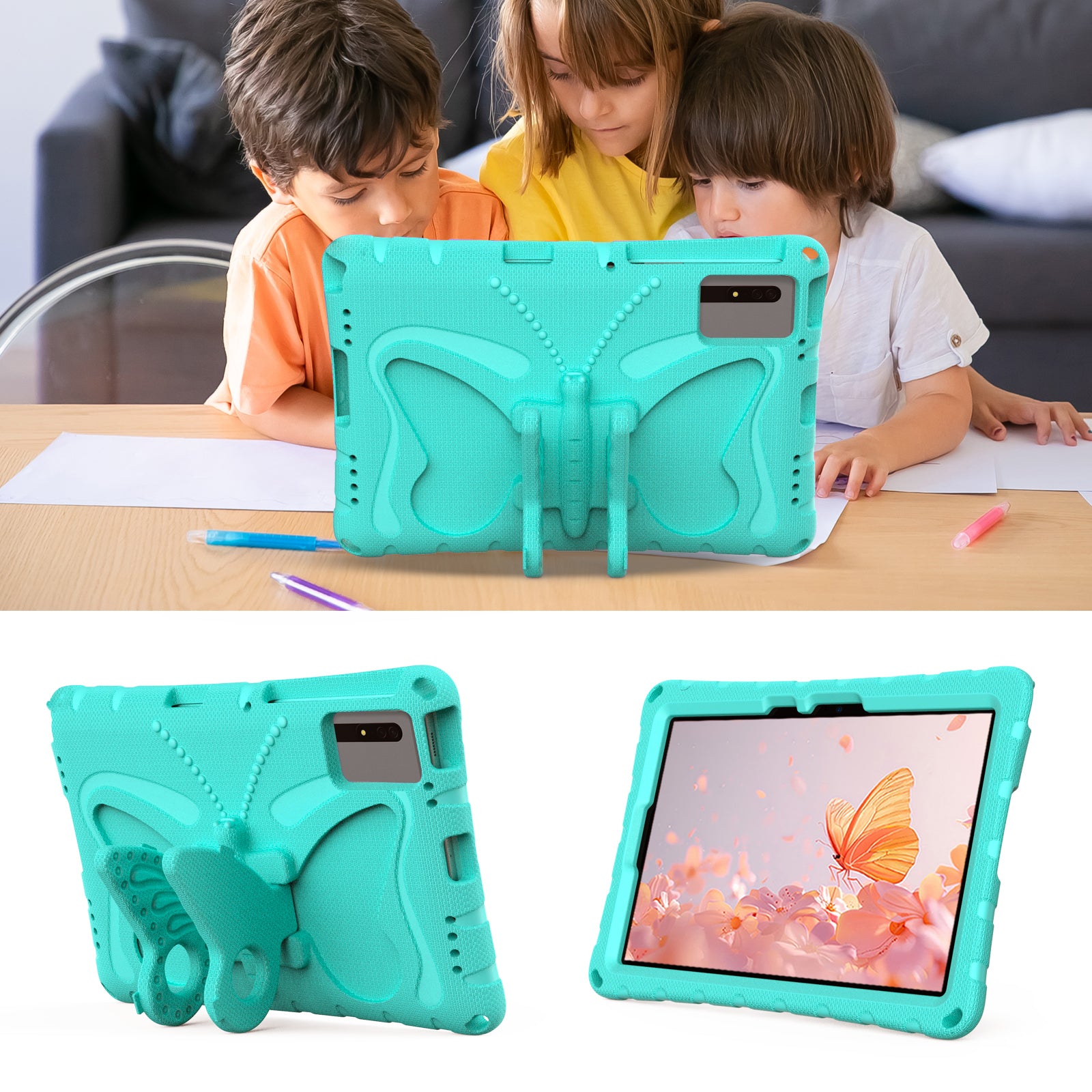 Butterfly Kickstand EVA Tablet Cover For Huawei MatePad SE 11 / Lenovo Tab M11 / Samsung Galaxy Tab S9 FE / S9 / S8 / S7 / Xiaomi Redmi Pad SE / Pad 6 - Mint Green