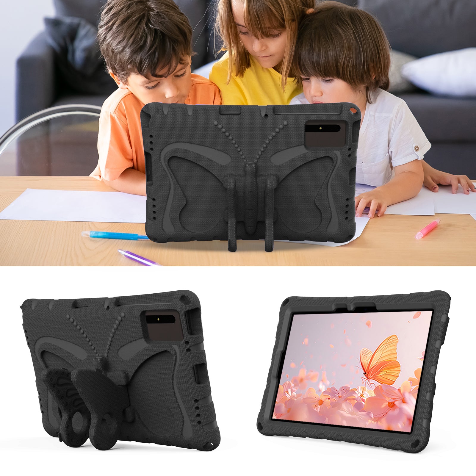 Butterfly Kickstand EVA Tablet Cover For Huawei MatePad SE 11 / Lenovo Tab M11 / Samsung Galaxy Tab S9 FE / S9 / S8 / S7 / Xiaomi Redmi Pad SE / Pad 6 - Black