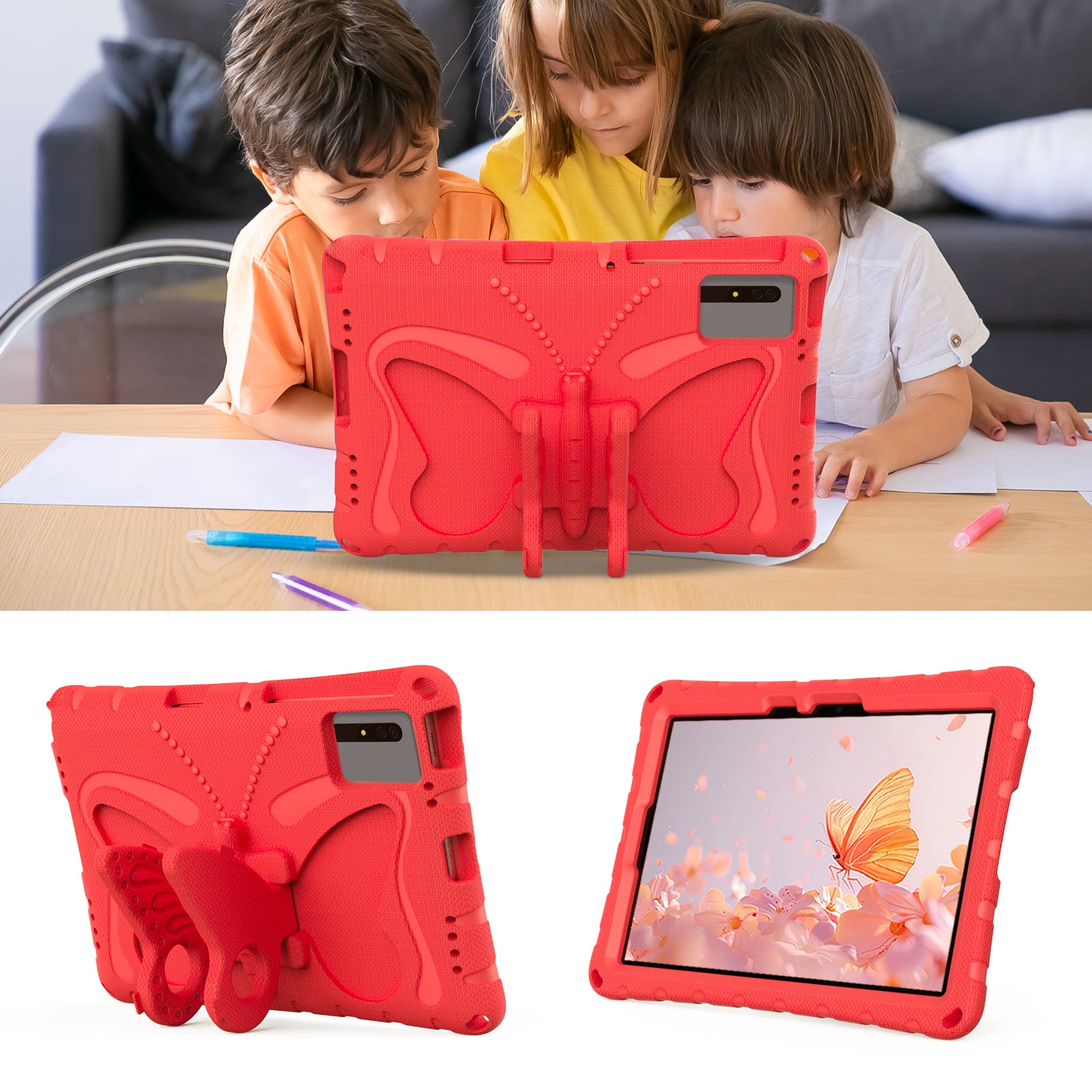 Butterfly Kickstand EVA Tablet Cover For Huawei MatePad SE 11 / Lenovo Tab M11 / Samsung Galaxy Tab S9 FE / S9 / S8 / S7 / Xiaomi Redmi Pad SE / Pad 6 - Red