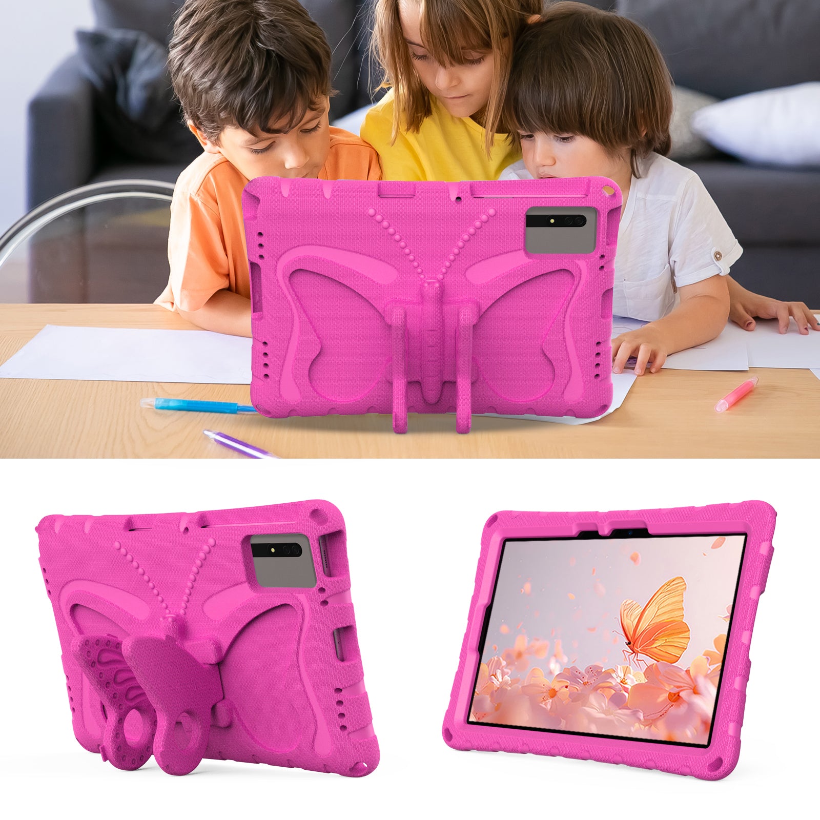 Butterfly Kickstand EVA Tablet Cover For Huawei MatePad SE 11 / Lenovo Tab M11 / Samsung Galaxy Tab S9 FE / S9 / S8 / S7 / Xiaomi Redmi Pad SE / Pad 6 - Rose