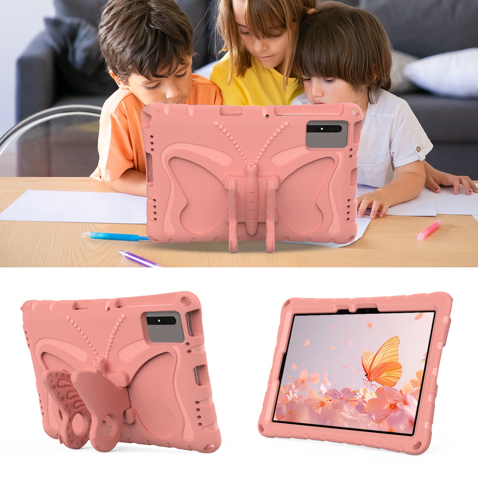 Butterfly Kickstand EVA Tablet Cover For Huawei MatePad SE 11 / Lenovo Tab M11 / Samsung Galaxy Tab S9 FE / S9 / S8 / S7 / Xiaomi Redmi Pad SE / Pad 6 - Light Pink