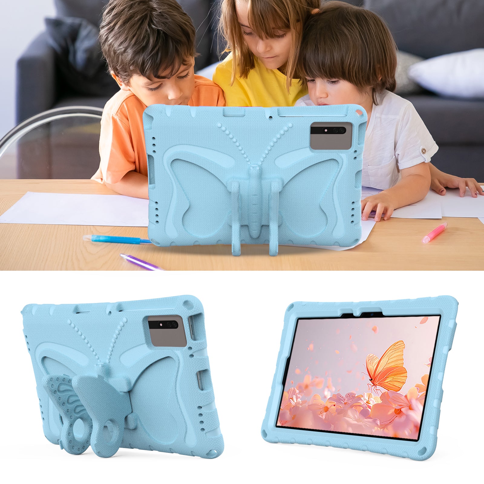 Butterfly Kickstand EVA Tablet Cover For Huawei MatePad SE 11 / Lenovo Tab M11 / Samsung Galaxy Tab S9 FE / S9 / S8 / S7 / Xiaomi Redmi Pad SE / Pad 6 - Baby Blue