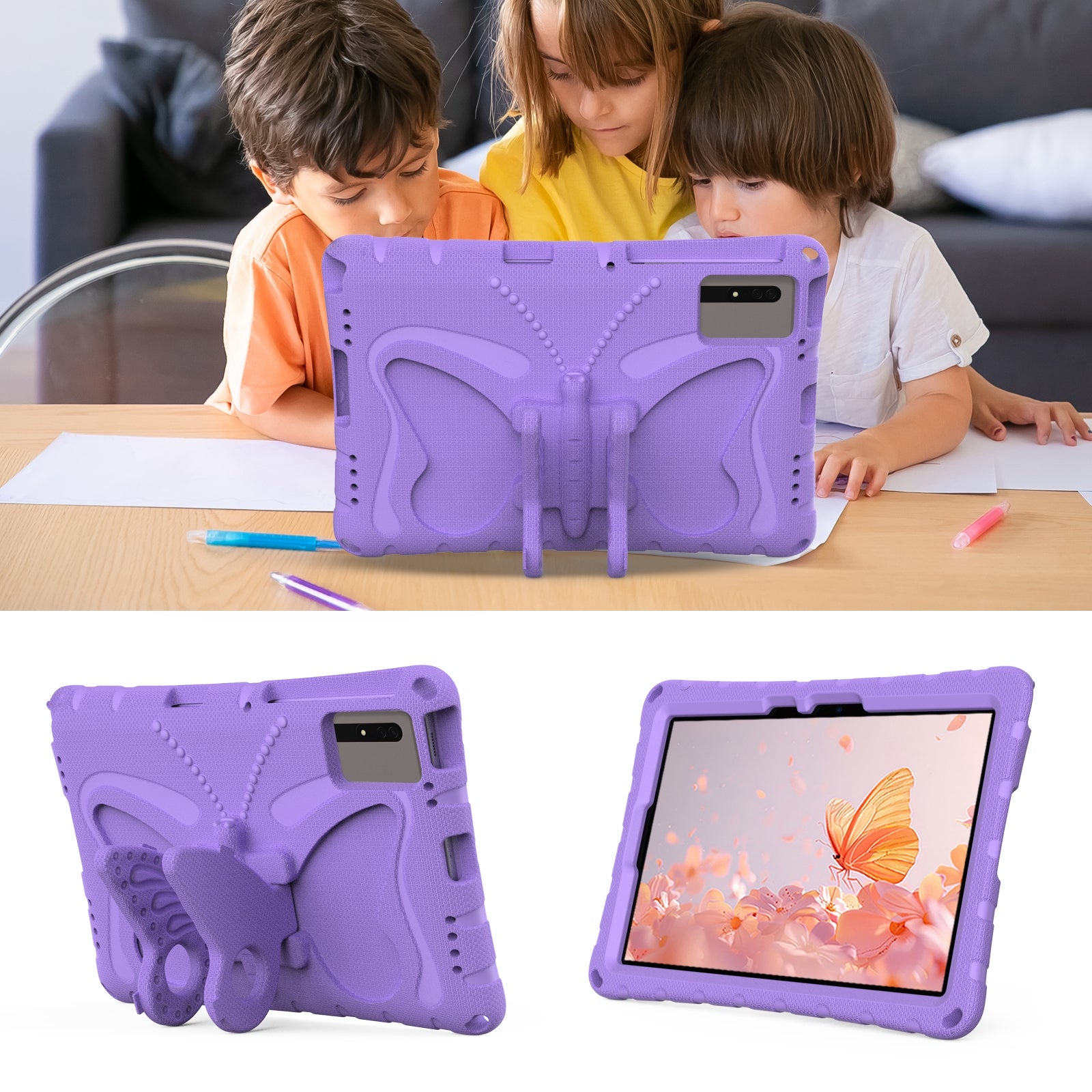 Butterfly Kickstand EVA Tablet Cover For Huawei MatePad SE 11 / Lenovo Tab M11 / Samsung Galaxy Tab S9 FE / S9 / S8 / S7 / Xiaomi Redmi Pad SE / Pad 6 - Light Purple