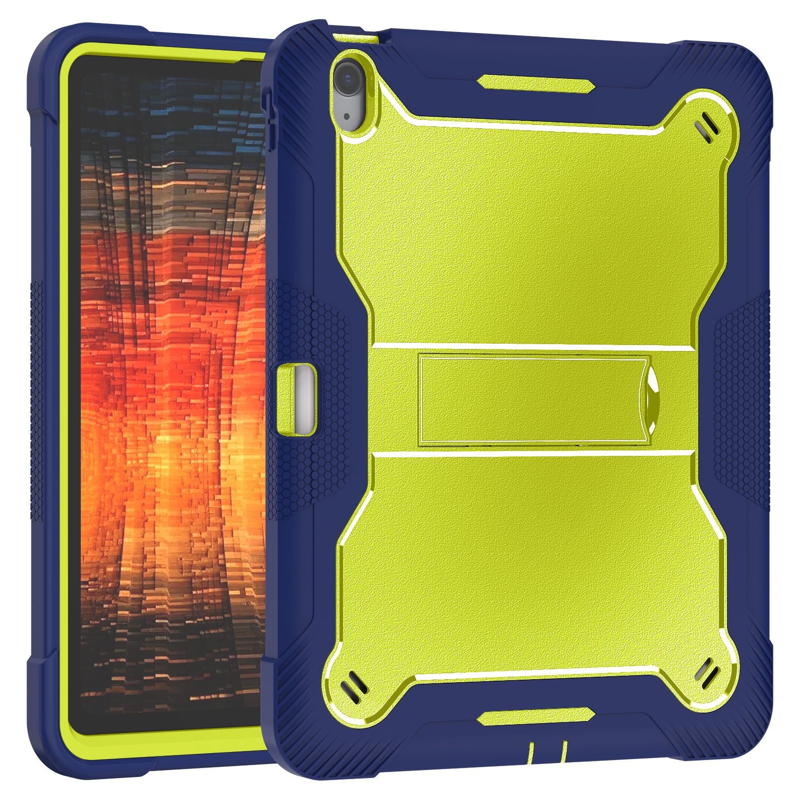 Bulk Buy Tablet Case For Samsung Galaxy Tab S9 FE  /  Tab S9 X710  /  X716B  /  X718U Kickstand Silicone + PC Impact Protective Tablet Cover - Navy Blue+Yellowgreen