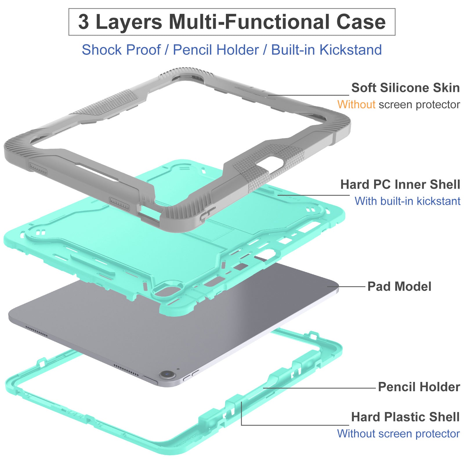 Bulk Buy Tablet Case For Samsung Galaxy Tab S9 FE  /  Tab S9 X710  /  X716B  /  X718U Kickstand Silicone + PC Impact Protective Tablet Cover - Mint Green+Grey