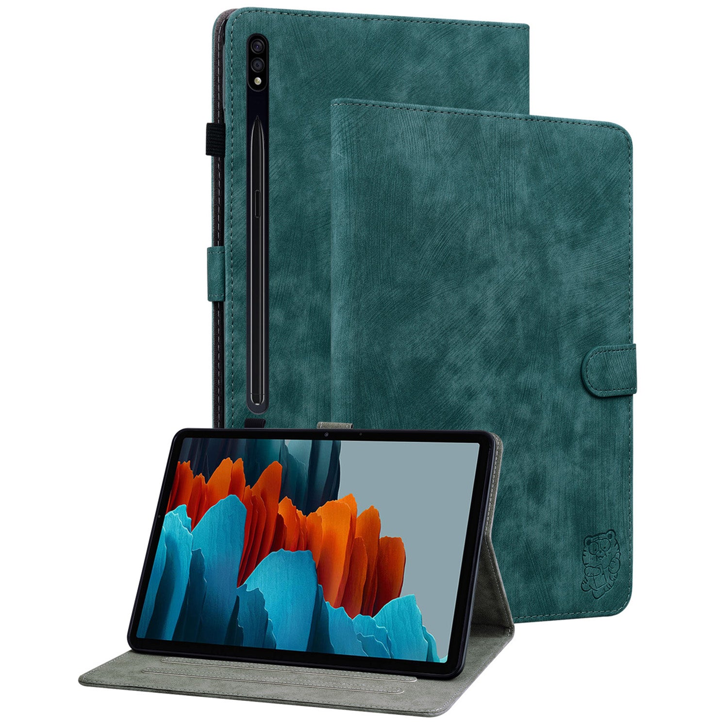 For Samsung Galaxy Tab S10 / S9 / S9 FE Stand Folio Tablet Case PU Leather Cute Tiger Pattern Cover with Card Holder - Green