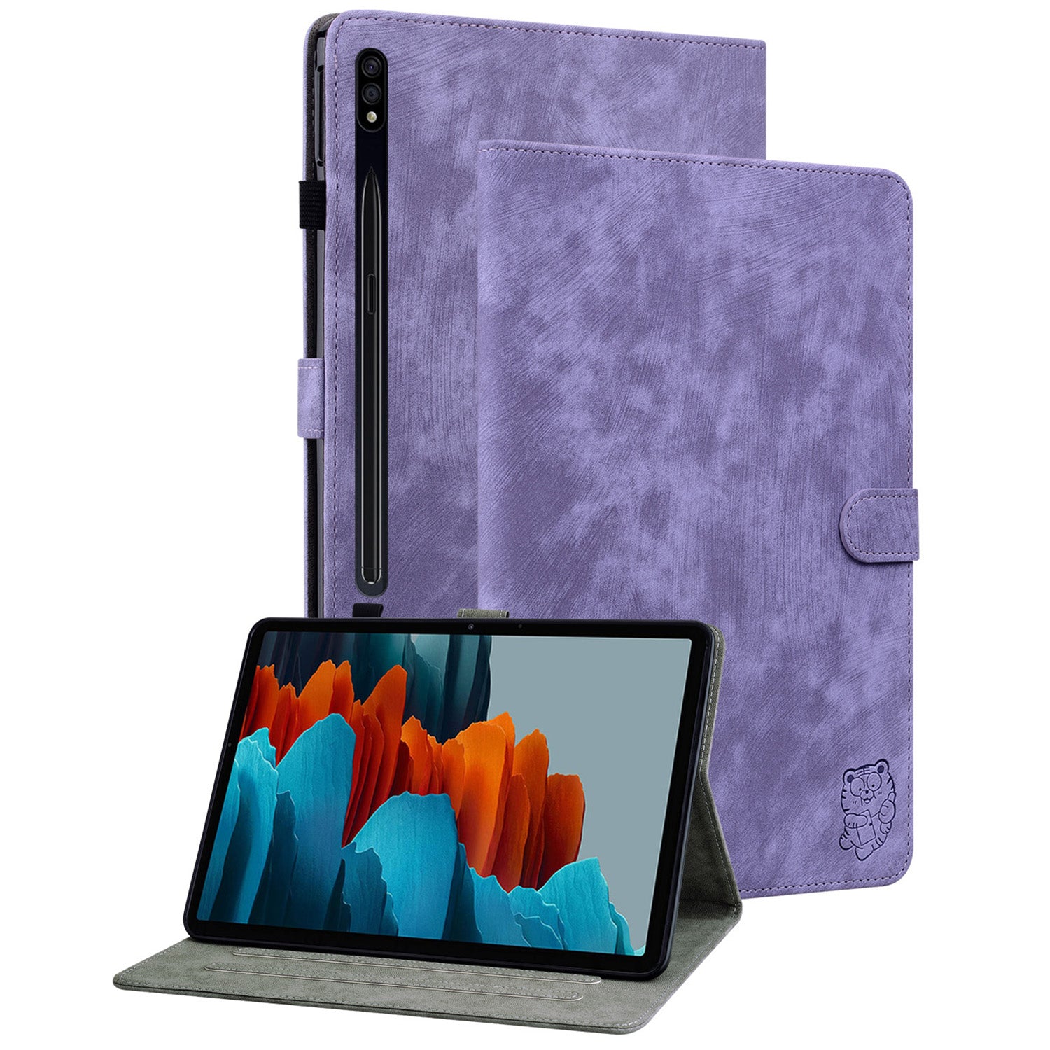 For Samsung Galaxy Tab S10 / S9 / S9 FE Stand Folio Tablet Case PU Leather Cute Tiger Pattern Cover with Card Holder - Purple