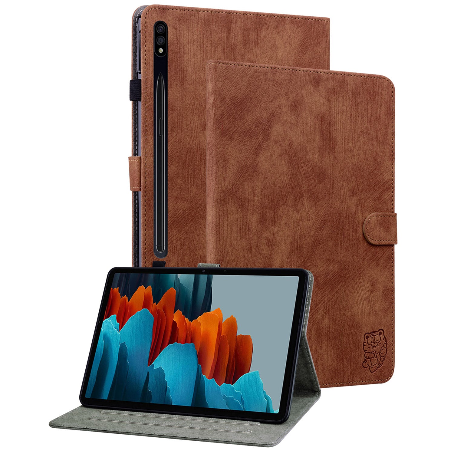 For Samsung Galaxy Tab S10 / S9 / S9 FE Stand Folio Tablet Case PU Leather Cute Tiger Pattern Cover with Card Holder - Brown