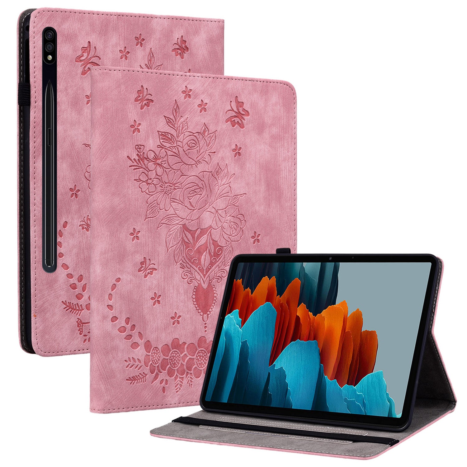 For Samsung Galaxy Tab S10 / S9 / S9 FE Stand Folio Case PU Leather Imprinted Cards Holder Tablet Cover - Pink