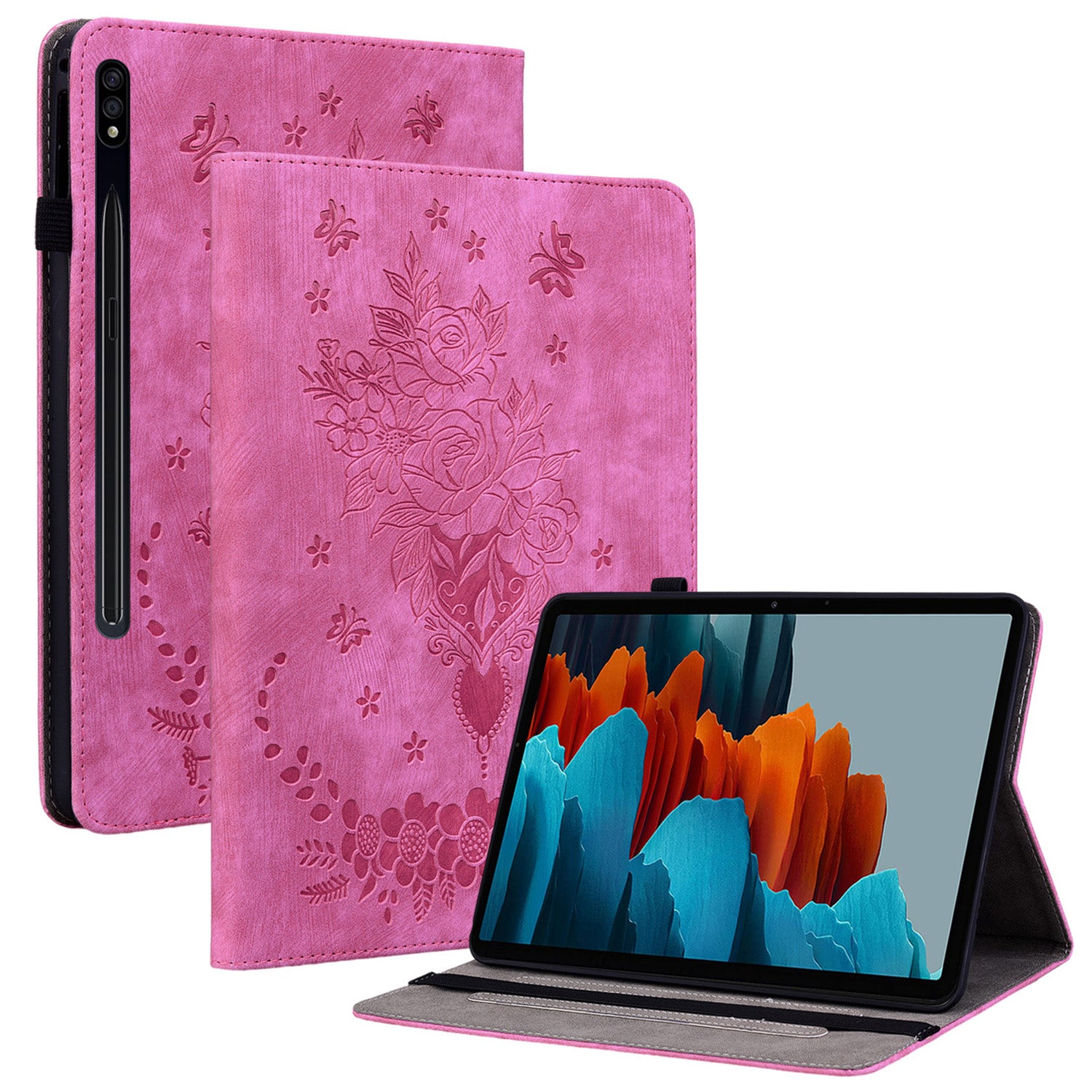 For Samsung Galaxy Tab S10 / S9 / S9 FE Stand Folio Case PU Leather Imprinted Cards Holder Tablet Cover - Rose