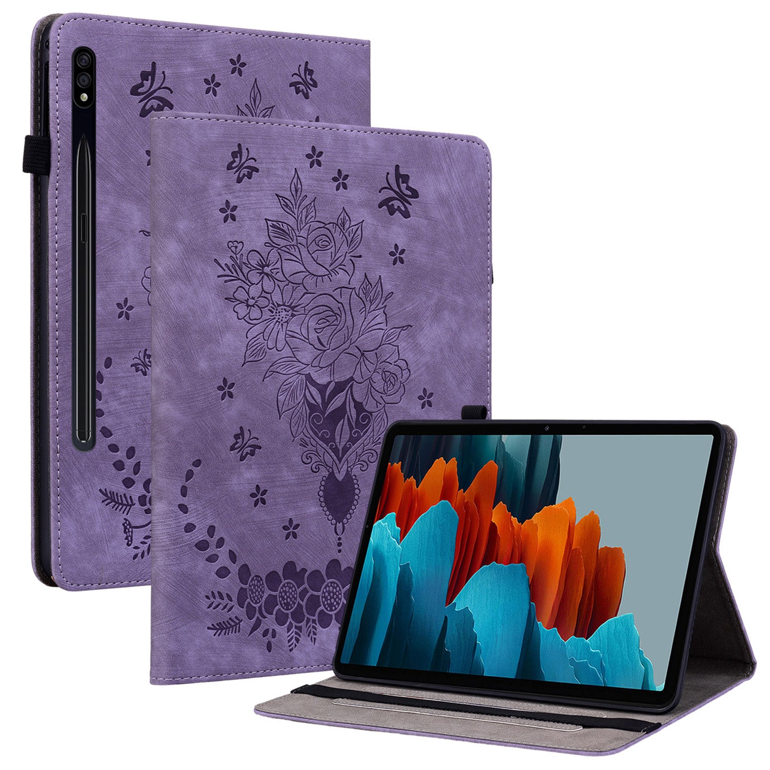 For Samsung Galaxy Tab S10 / S9 / S9 FE Stand Folio Case PU Leather Imprinted Cards Holder Tablet Cover - Purple