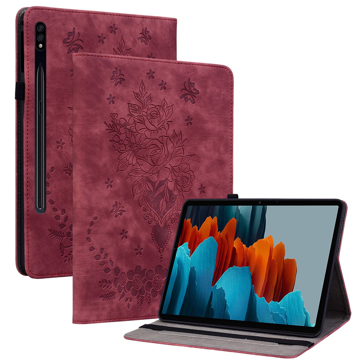 For Samsung Galaxy Tab S10 / S9 / S9 FE Stand Folio Case PU Leather Imprinted Cards Holder Tablet Cover - Red