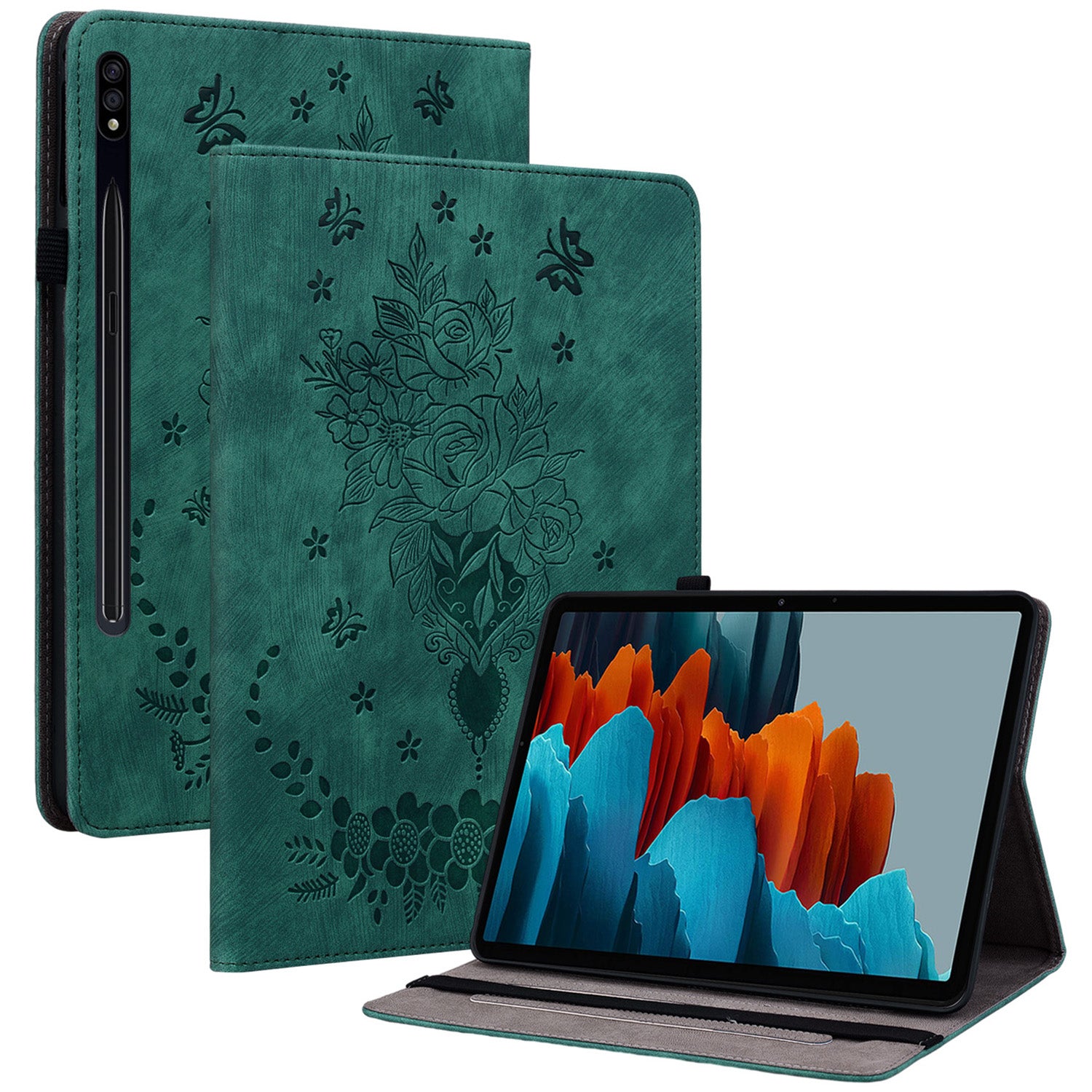 For Samsung Galaxy Tab S10 / S9 / S9 FE Stand Folio Case PU Leather Imprinted Cards Holder Tablet Cover - Green