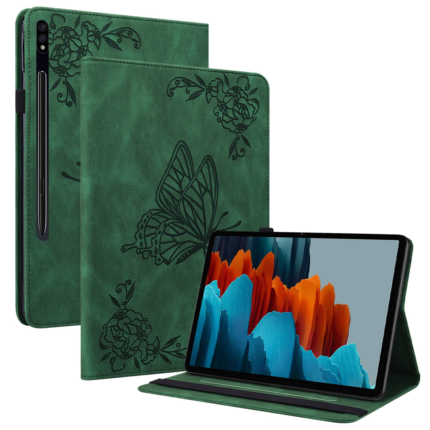 For Samsung Galaxy Tab S10 / S9 / S9 FE PU Leather Stand Cover Imprinted Butterfly Flower Card Holder Tablet Case - Green