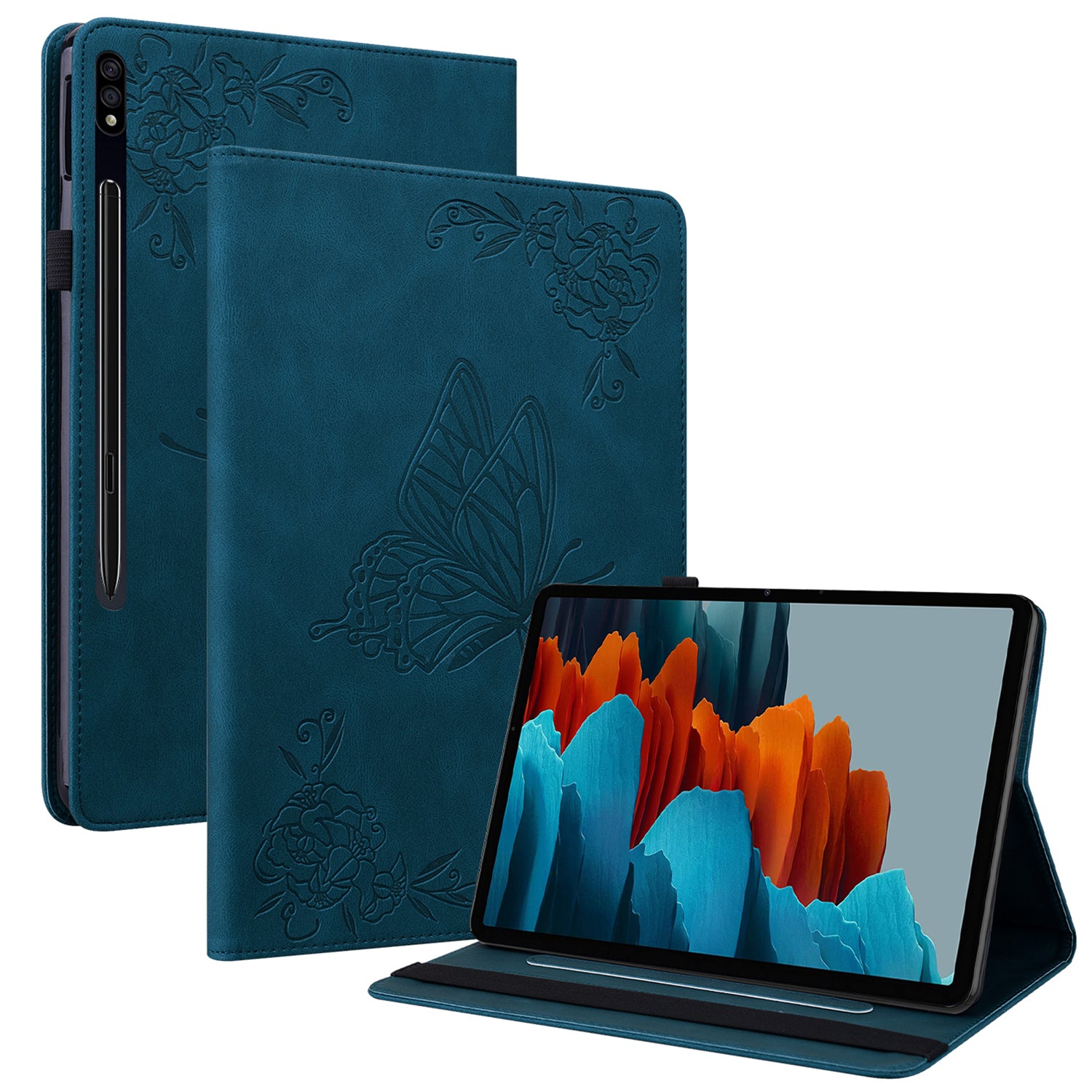 For Samsung Galaxy Tab S10 / S9 / S9 FE PU Leather Stand Cover Imprinted Butterfly Flower Card Holder Tablet Case - Dark Blue