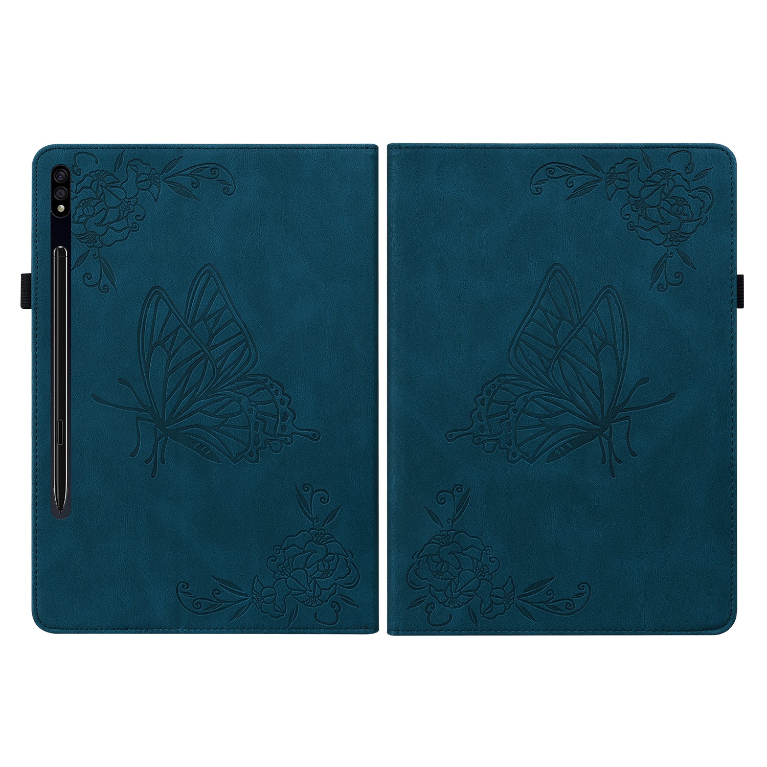 For Samsung Galaxy Tab S10 / S9 / S9 FE PU Leather Stand Cover Imprinted Butterfly Flower Card Holder Tablet Case - Dark Blue