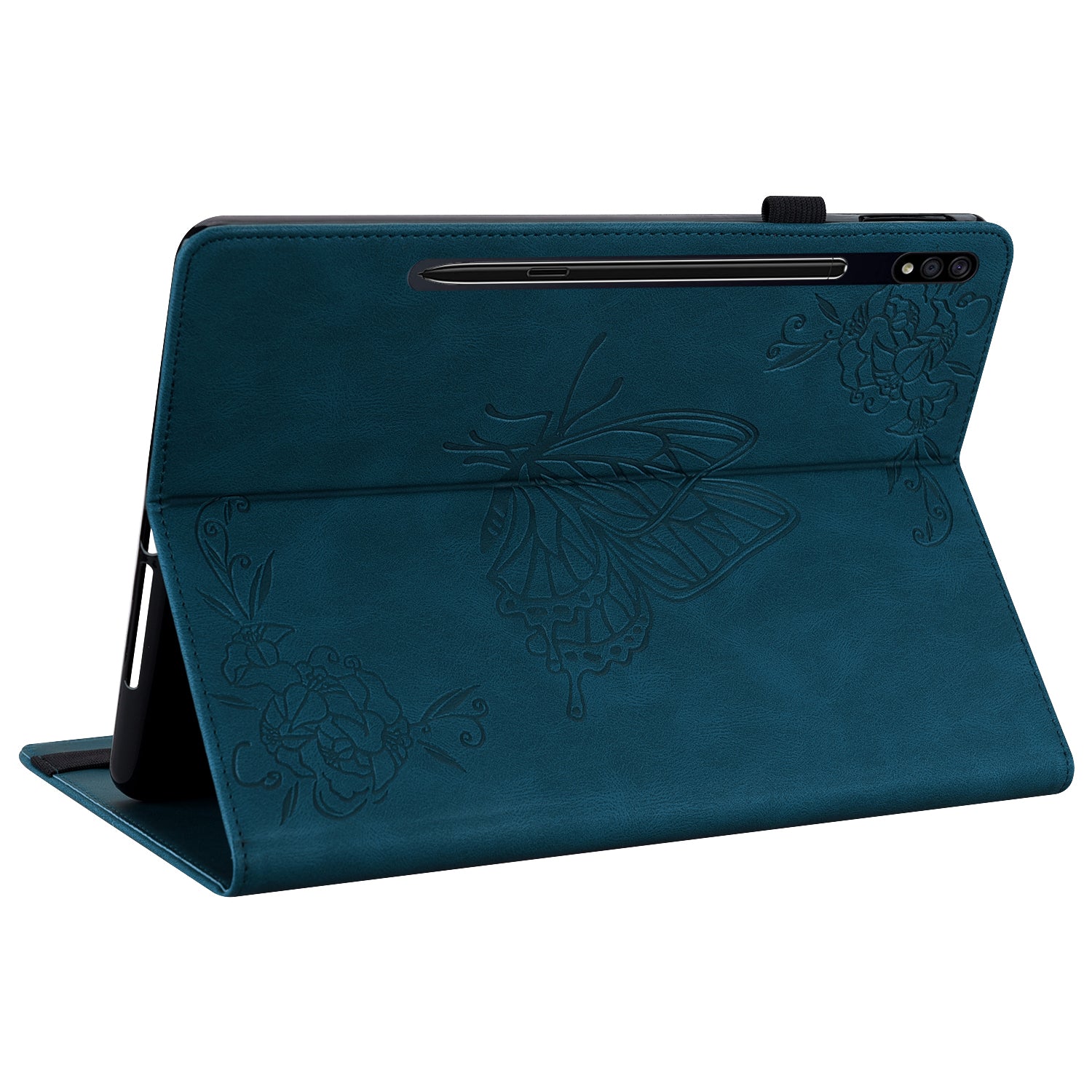 For Samsung Galaxy Tab S10 / S9 / S9 FE PU Leather Stand Cover Imprinted Butterfly Flower Card Holder Tablet Case - Dark Blue