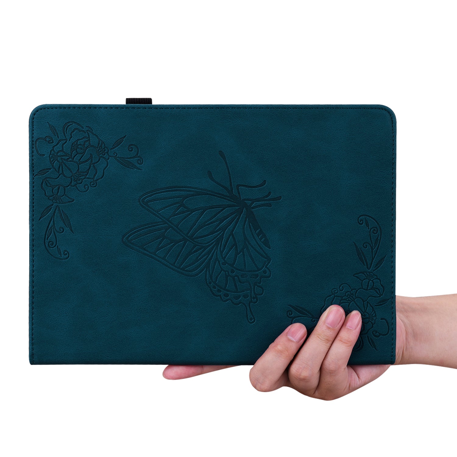 For Samsung Galaxy Tab S10 / S9 / S9 FE PU Leather Stand Cover Imprinted Butterfly Flower Card Holder Tablet Case - Dark Blue