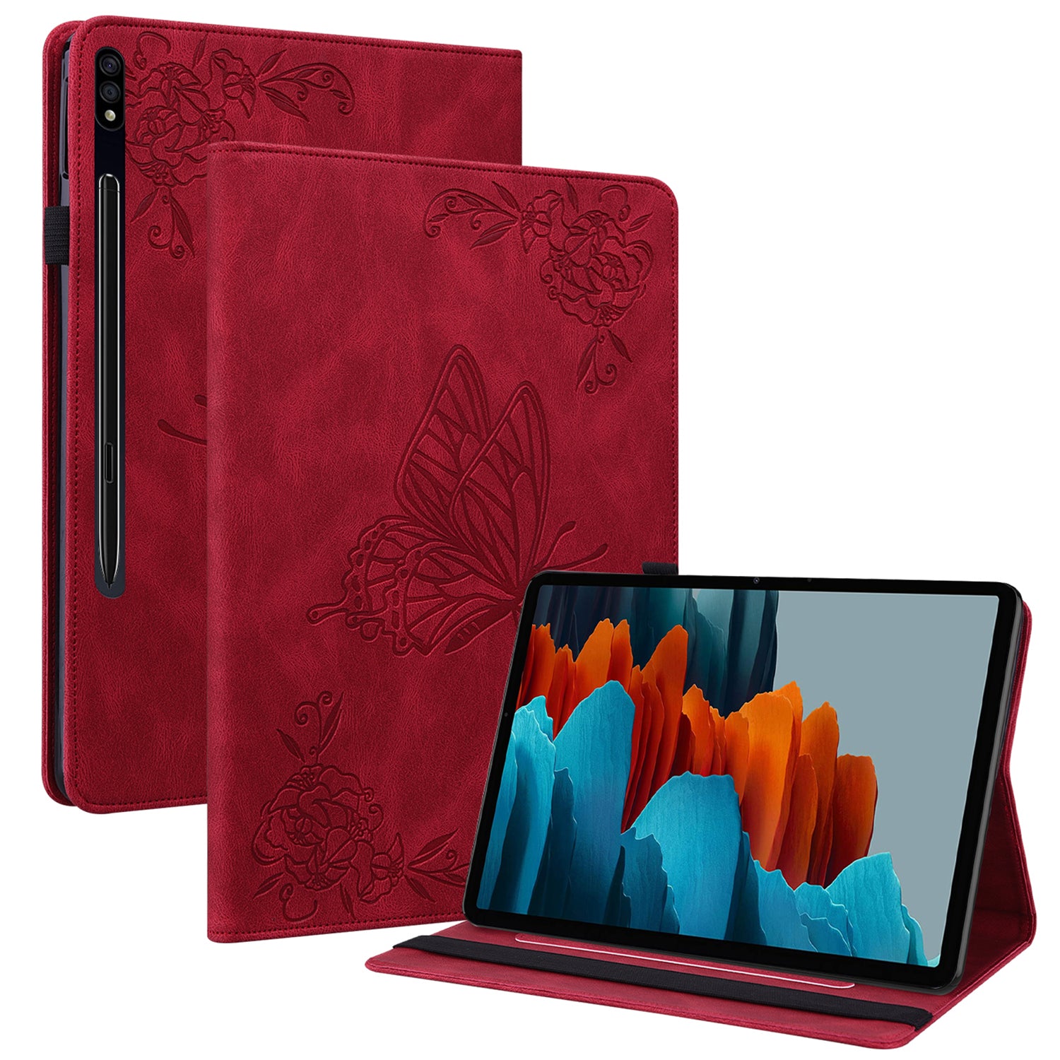 For Samsung Galaxy Tab S10 / S9 / S9 FE PU Leather Stand Cover Imprinted Butterfly Flower Card Holder Tablet Case - Red