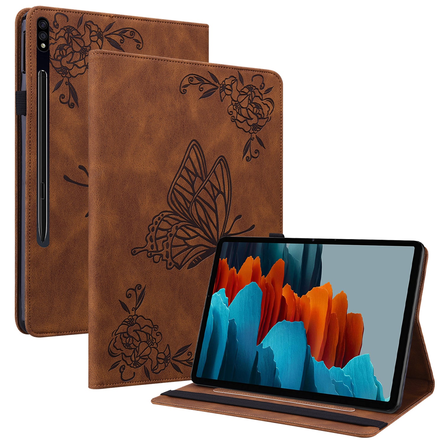 For Samsung Galaxy Tab S10 / S9 / S9 FE PU Leather Stand Cover Imprinted Butterfly Flower Card Holder Tablet Case - Brown