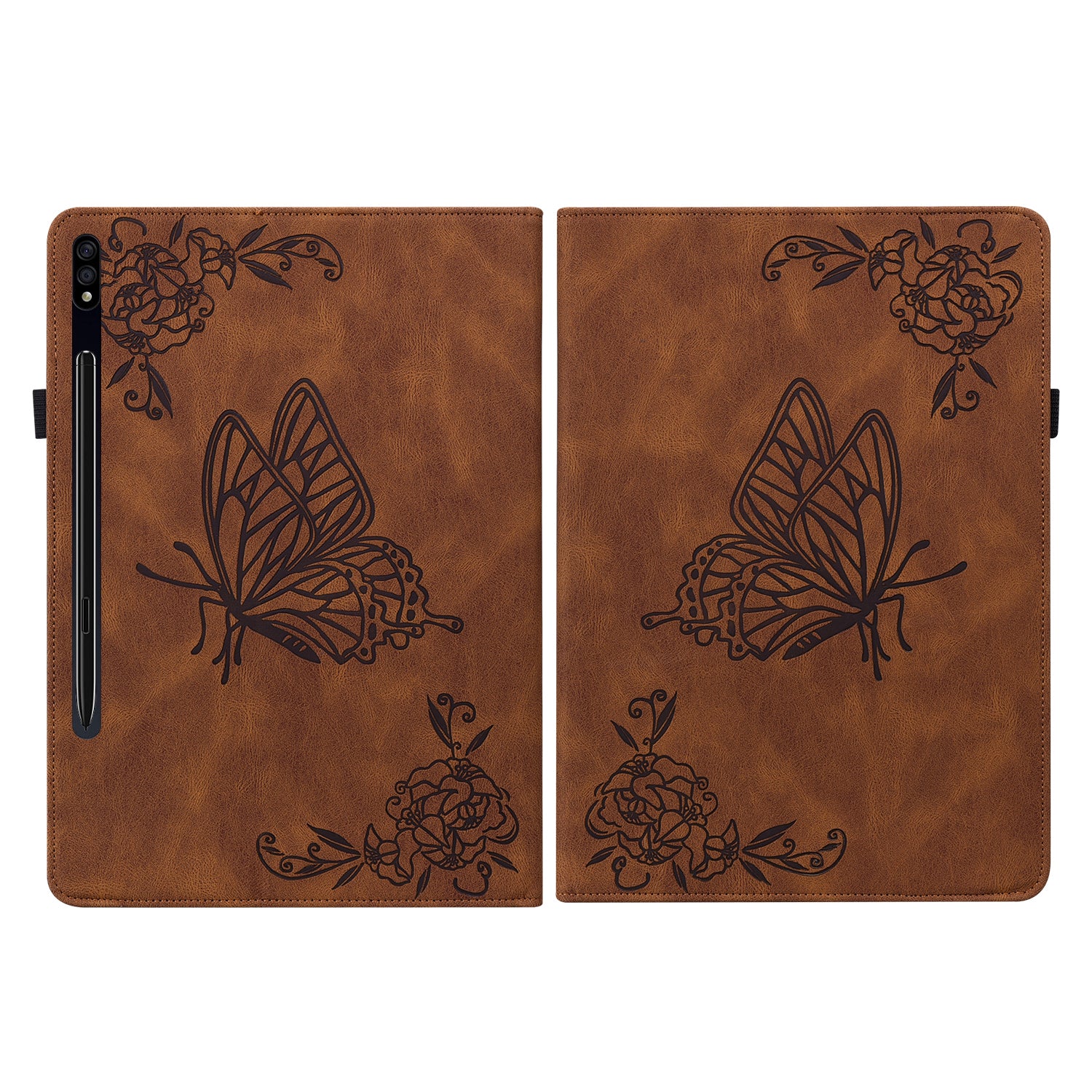 For Samsung Galaxy Tab S10 / S9 / S9 FE PU Leather Stand Cover Imprinted Butterfly Flower Card Holder Tablet Case - Brown