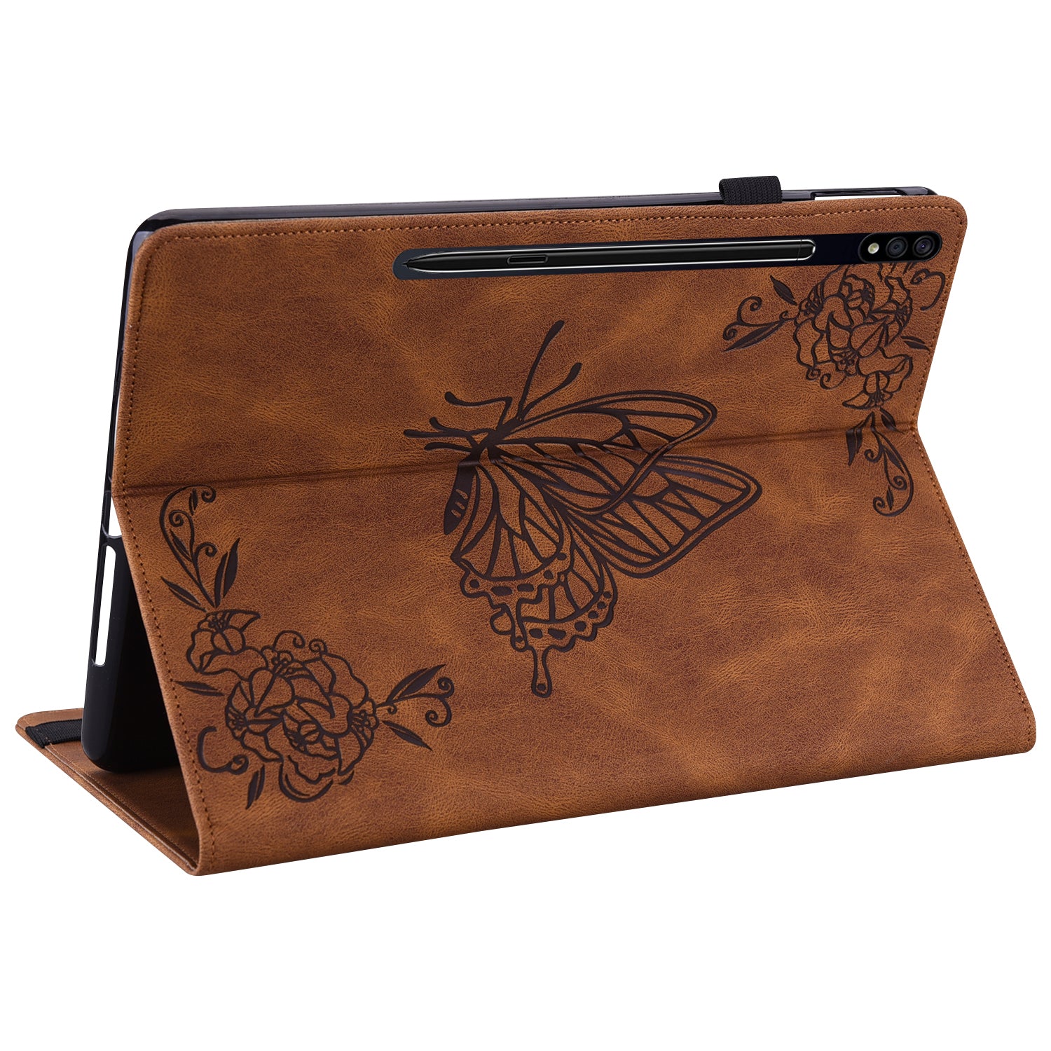 For Samsung Galaxy Tab S10 / S9 / S9 FE PU Leather Stand Cover Imprinted Butterfly Flower Card Holder Tablet Case - Brown