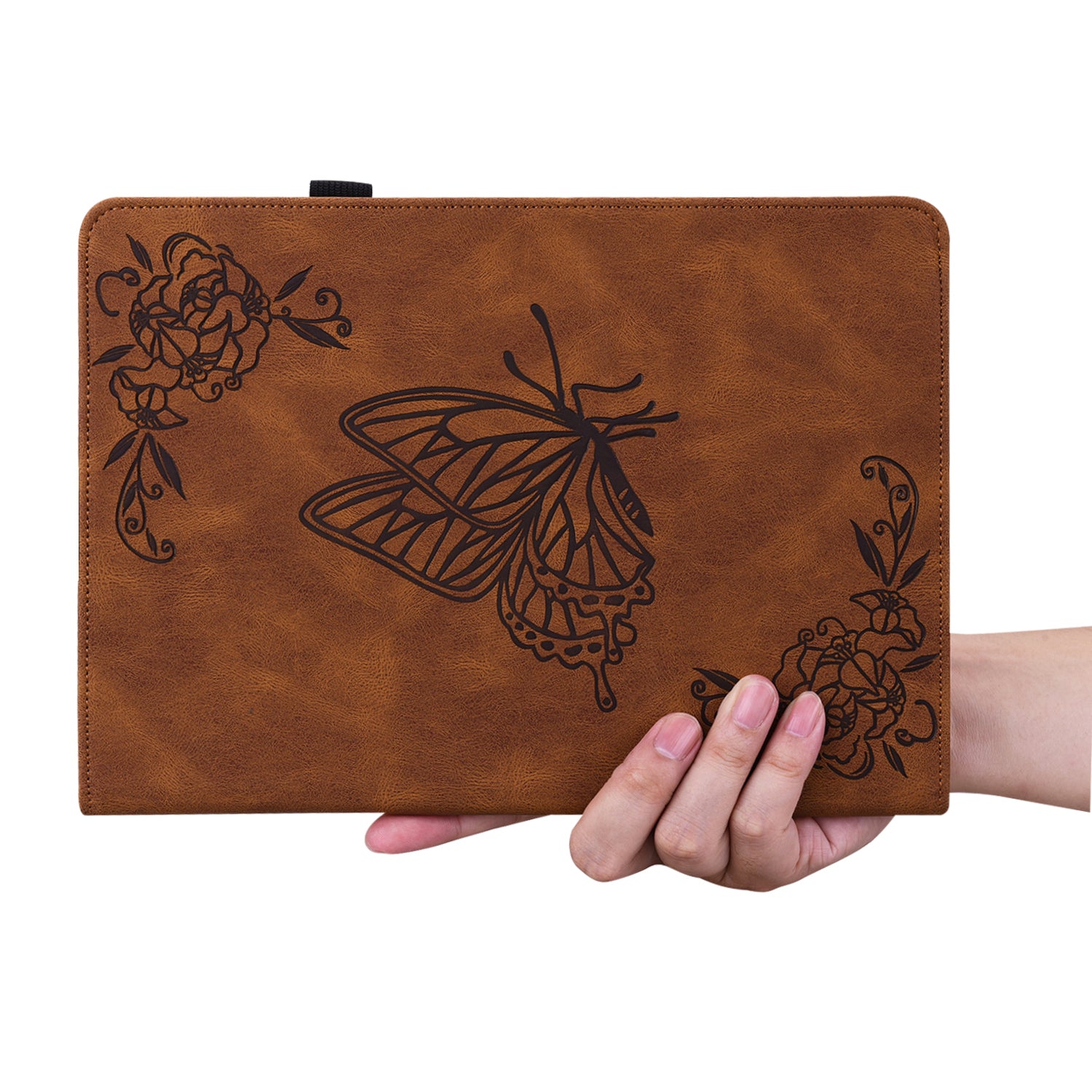 For Samsung Galaxy Tab S10 / S9 / S9 FE PU Leather Stand Cover Imprinted Butterfly Flower Card Holder Tablet Case - Brown