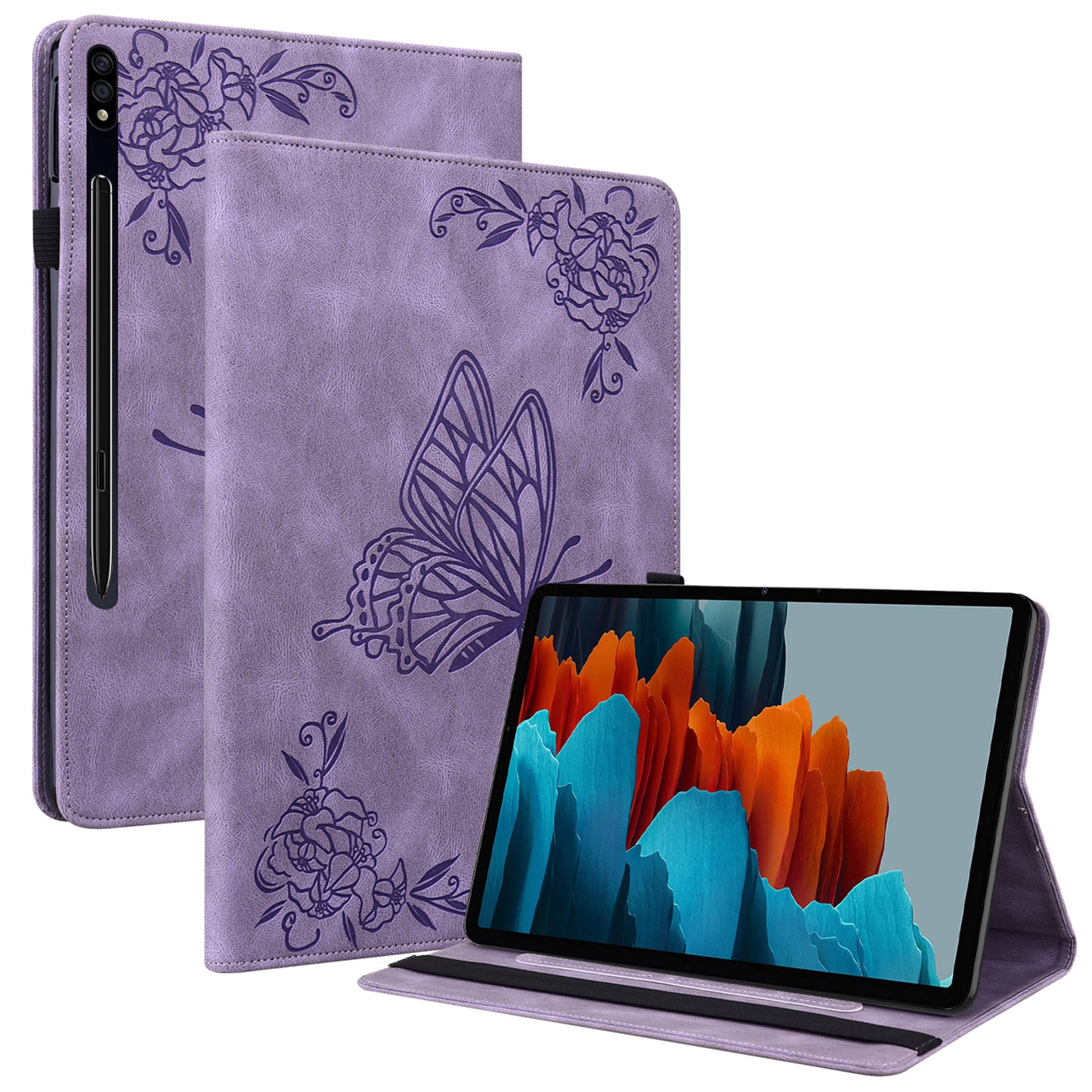 For Samsung Galaxy Tab S10 / S9 / S9 FE PU Leather Stand Cover Imprinted Butterfly Flower Card Holder Tablet Case - Purple