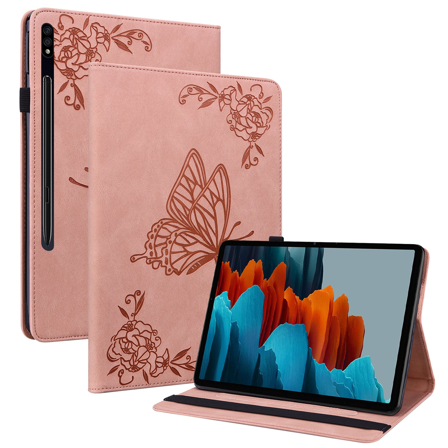 For Samsung Galaxy Tab S10 / S9 / S9 FE PU Leather Stand Cover Imprinted Butterfly Flower Card Holder Tablet Case - Pink